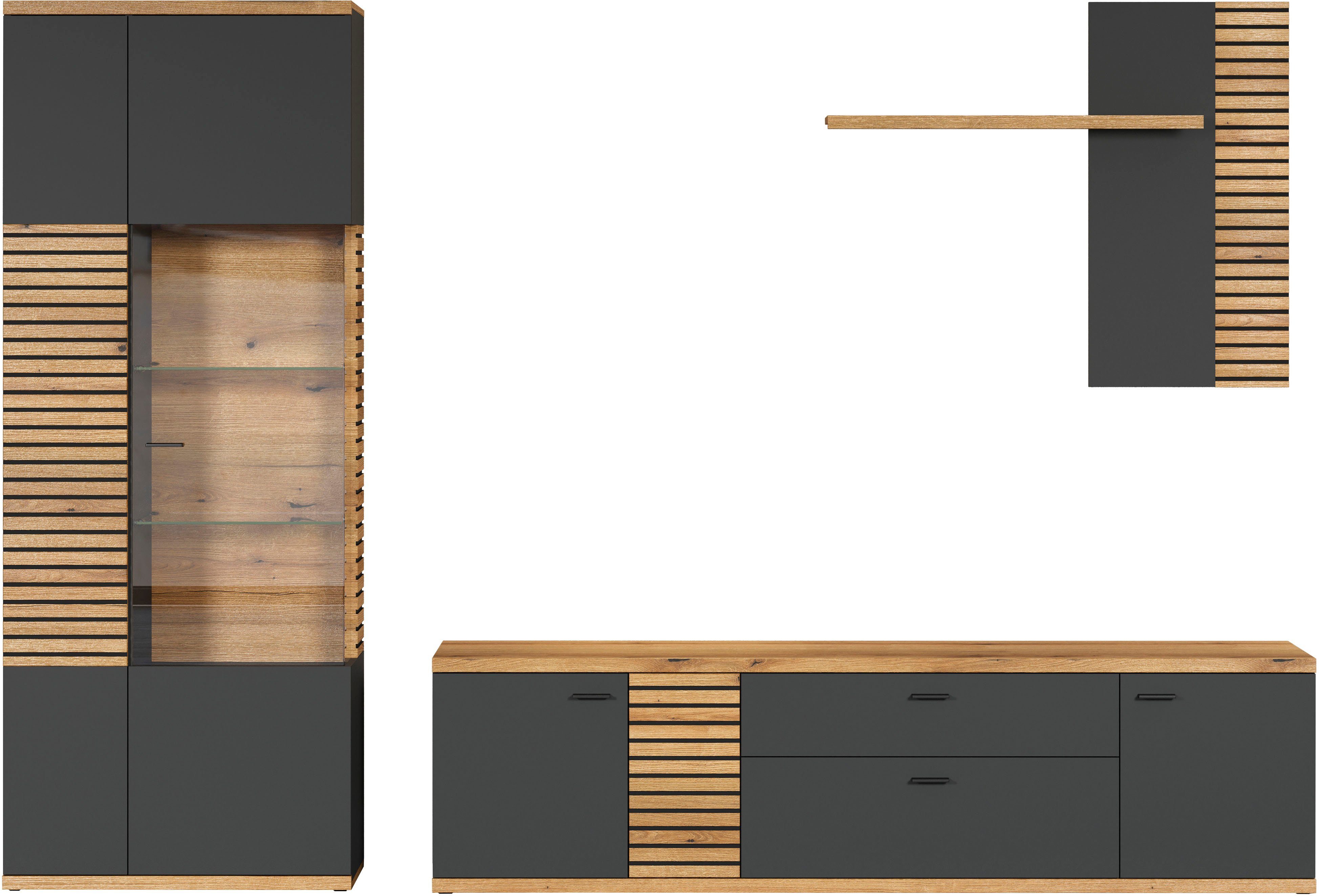 INOSIGN Wohnwand NORRISWW, (Set, 3-St), Wohnwand-Set in Anthrazit mit Coast Evoke Eiche, Türen mit Soft-Close