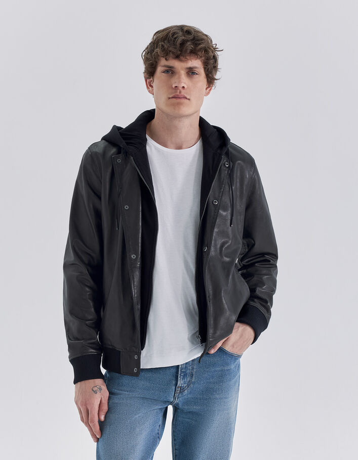 Bomber noir en cuir à parmenture amovible Homme