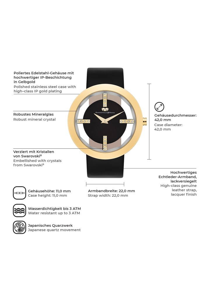Rhodenwald & Söhne Damen Quarzuhr gelbgold Echtleder schwarz in schwarz günstig kaufen 18 cm