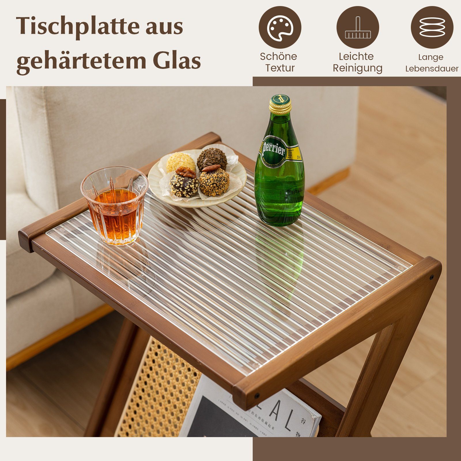 COSTWAY Couchtisch, Bambus, mit gehärteter Glasplatte & Rattan Magazinhalter