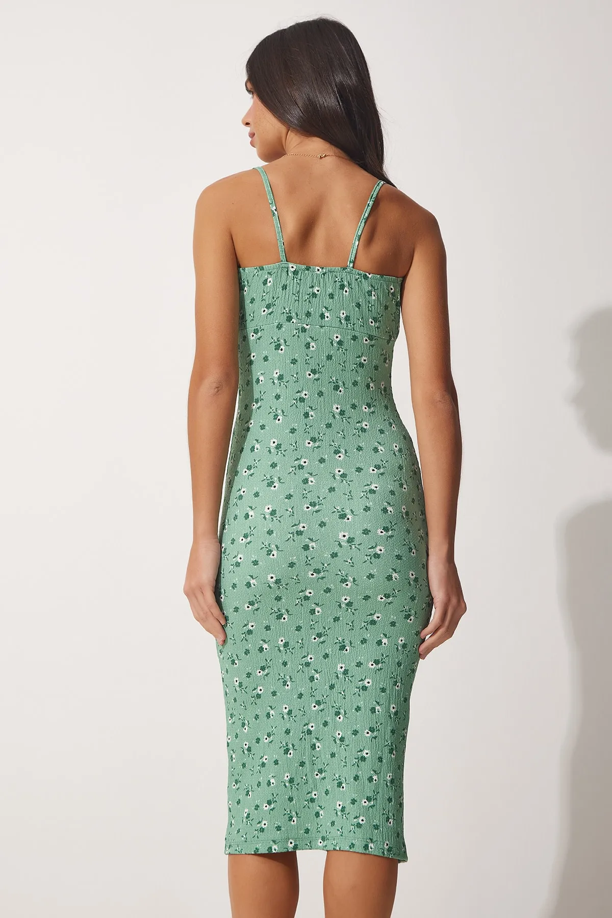Happiness İstanbul  Grünes Blumenmuster für Damen mit gerafftem Kragen, Sommer-Strickkleid FF00124