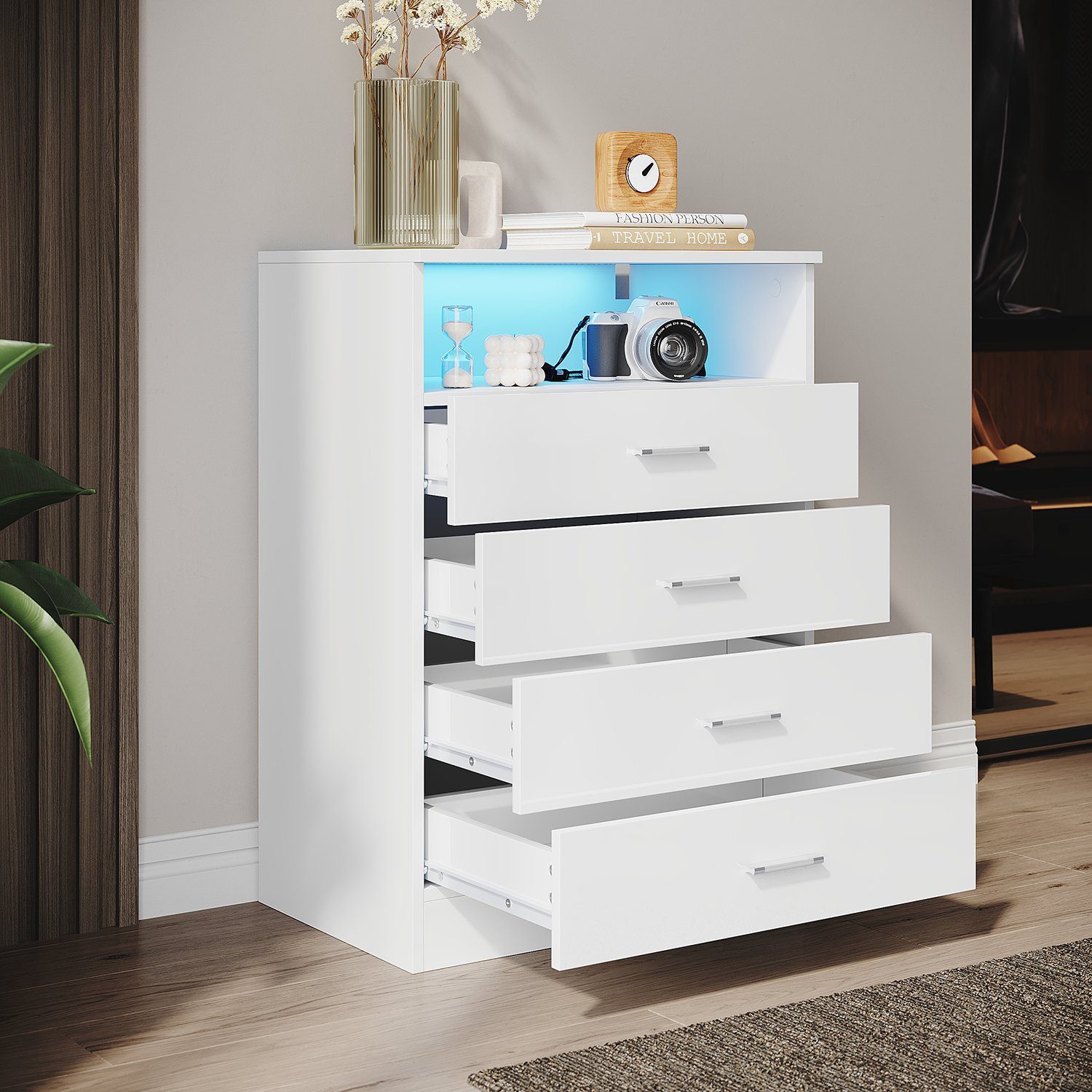SONNI Kommode kommode Weiß,4 schubladen und offene Fächer, 60x40x83cm, Schlafzimmer Flur, Schrank, Sideboard, Highboard, mit led beleuchtung