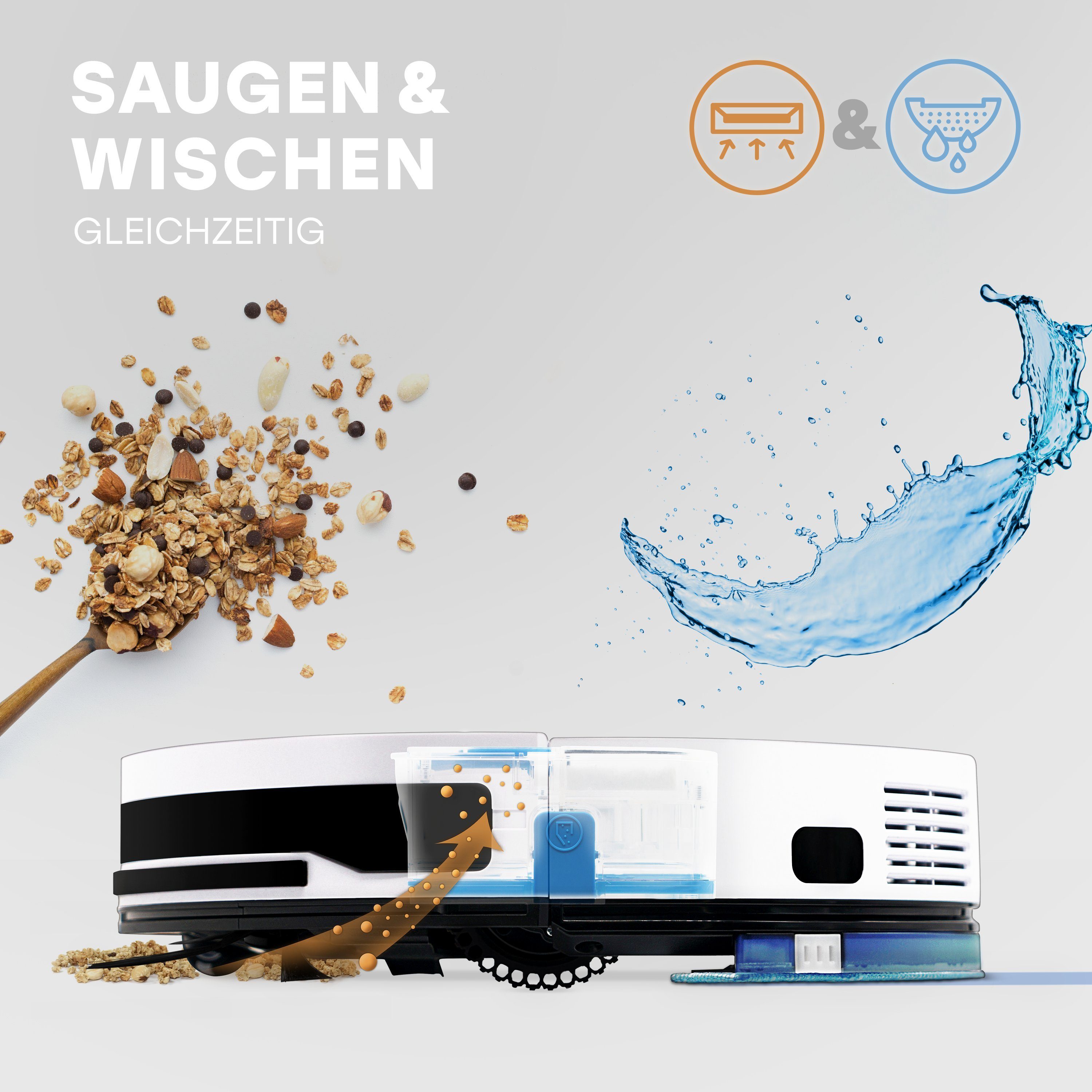 ZACO Nass-Trocken-Saugroboter V6, 22 W, 600ml beutelloser Staubtank oder 1000ml Staubbeutel, mit Wischfunktion, SmartHome, App, Alexa, für Tierhaar & Allergiker