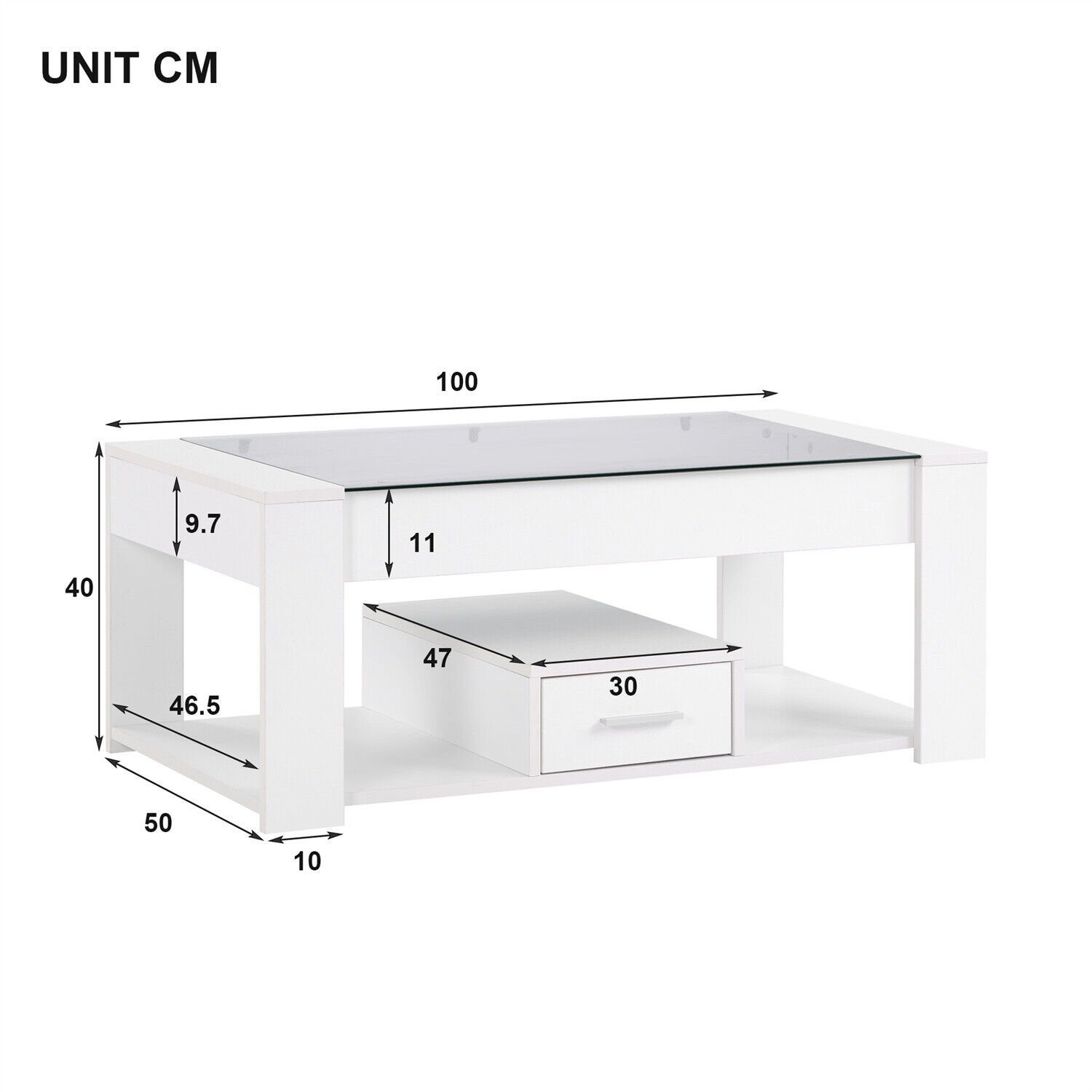 DOTMALL Tischsitz Couchtisch Glasplatte mit Stauraum Wohnzimmer Weiß