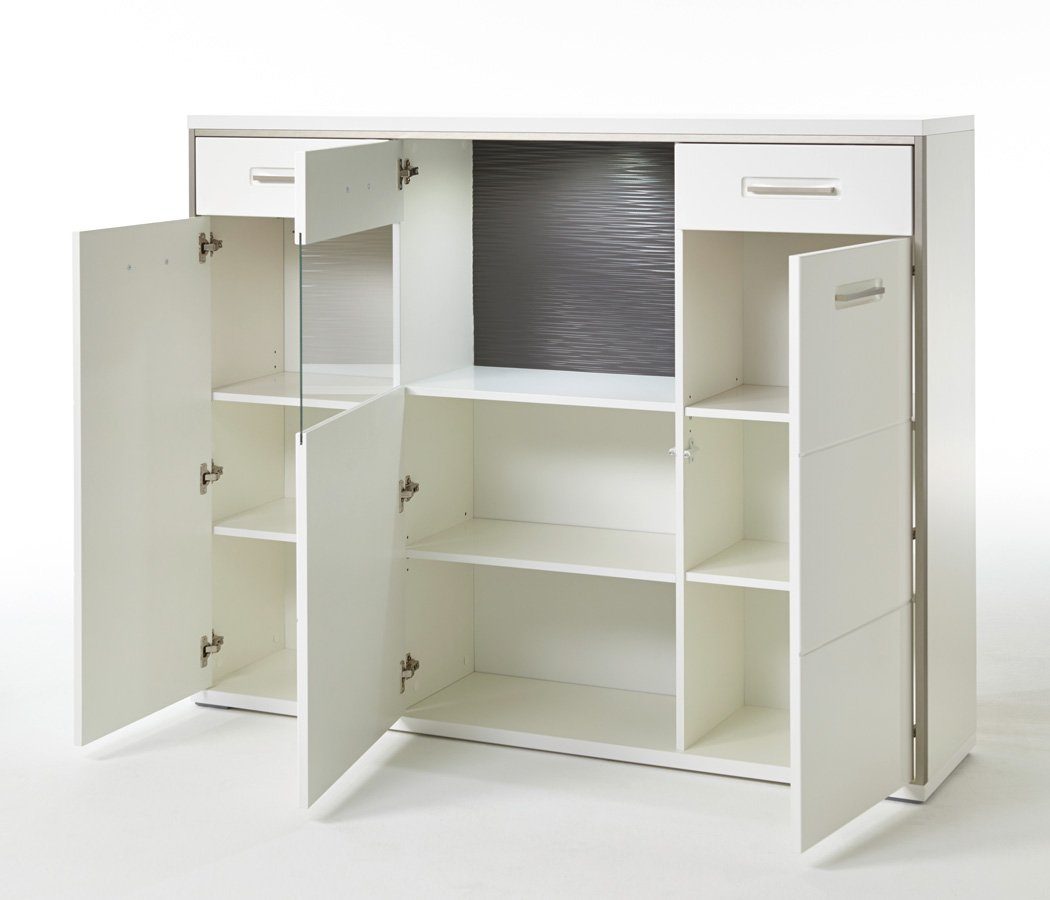 expendio Wohnzimmer-Set Travis 144, (Spar-Set, 7-St), weiß Hochglanz montiert LED + Softclose + 4x Stuhl Kunstleder schwarz