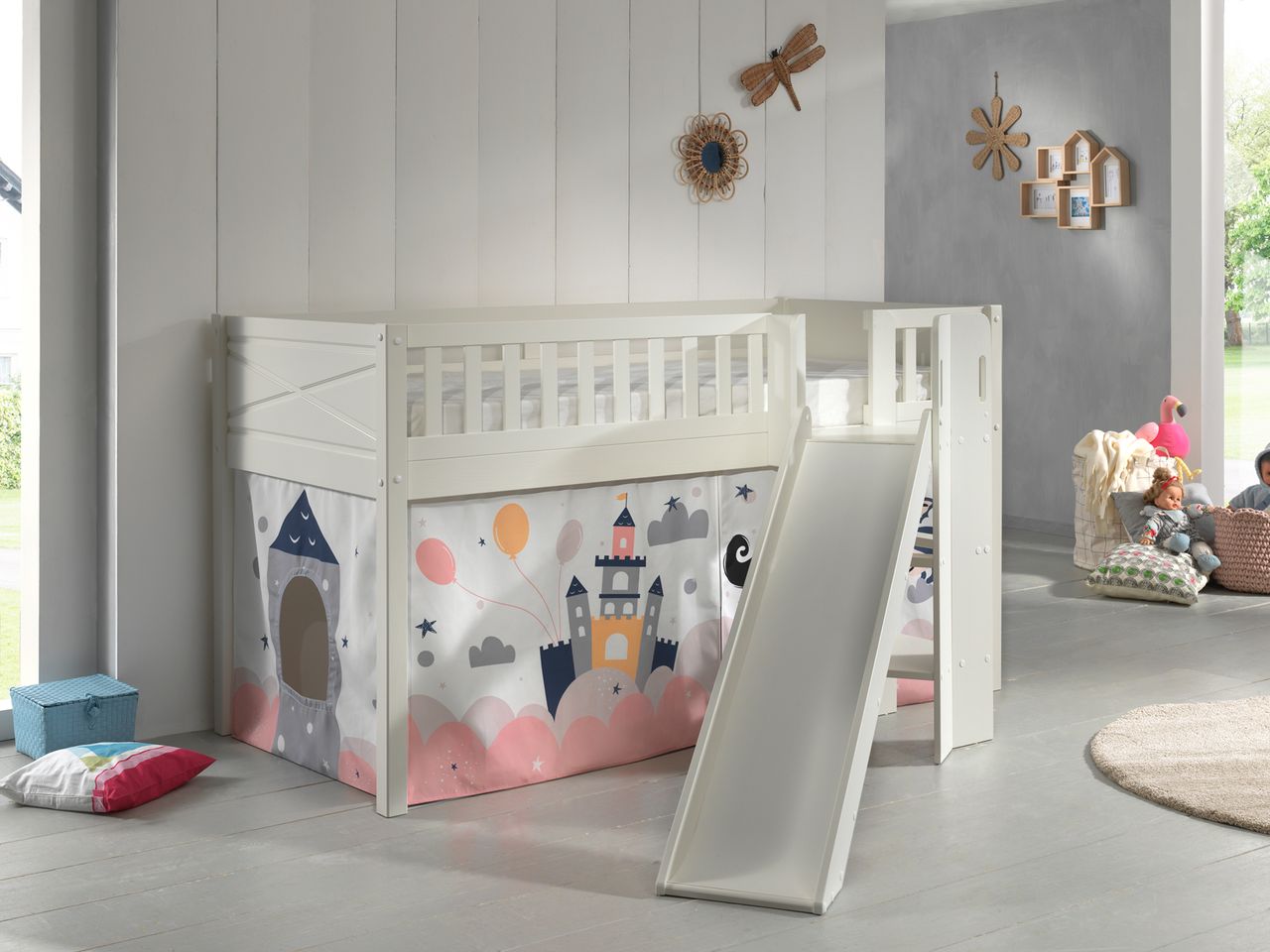 VIPACK Spielbett SCOTT, LF 90 x 200 cm, mit Rolllattenrost, Rutsche, Leiter und Textilset 