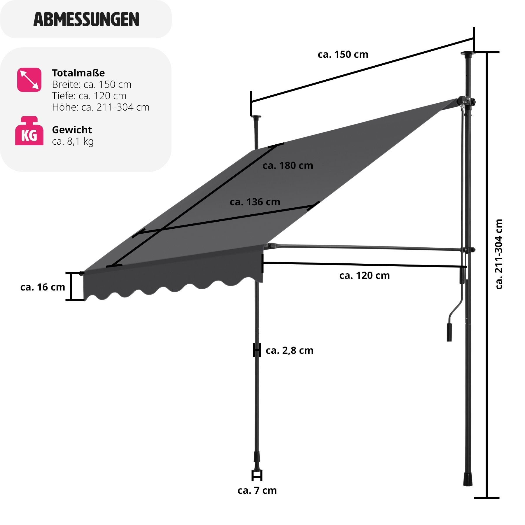 tectake Klemm-Senkrechtmarkise Klemmmarkise mit Handkurbel, höhenverstellbar