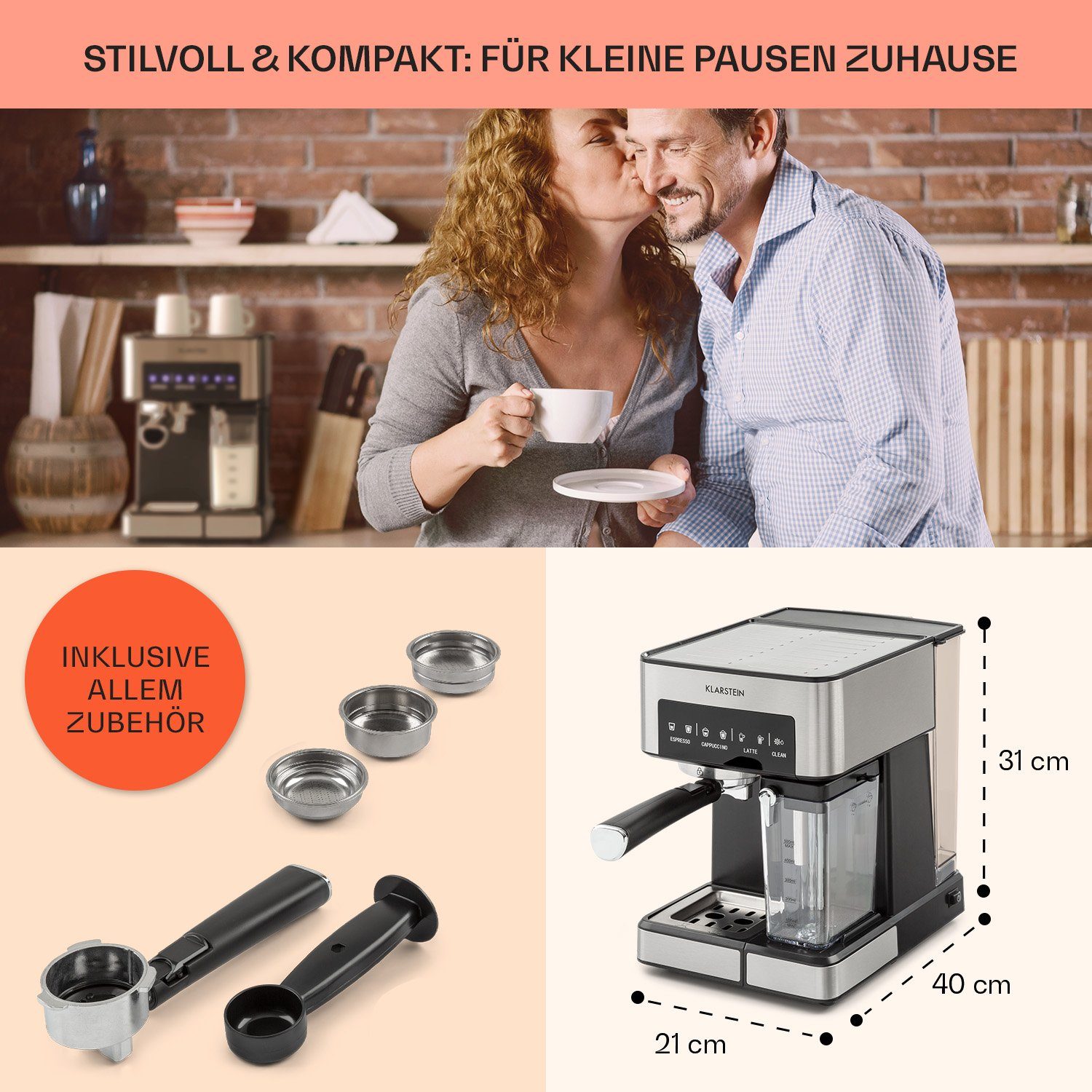 Klarstein Espressomaschine Arabica Comfort, 1.8l Kaffeekanne, Gemahlener Kaffee und Pads: 2-in-1- Nutzung zum flexiblen Gebrauch