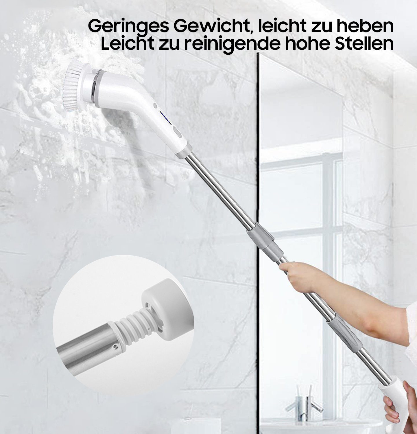 Aoucheni Reinigungsbürsten-Set 8 in 1 Elektrischer Schleuderschrubber, kabellos, Duschschrubber, Boden, Fliesen, Plissees, Jalousien, (Power Scrubber-Bürste, 130cm verstellbarem Griff, mit 8 austauschbaren Bohrbürstenköpfen), mit auswechlbarem Bürste