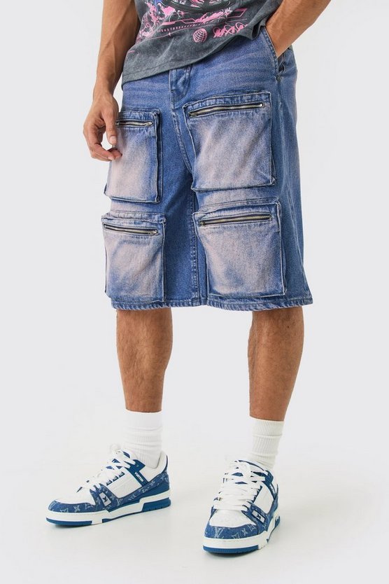 Pinke Denim Jorts mit Cargo-Taschen und Reißverschluss vorne