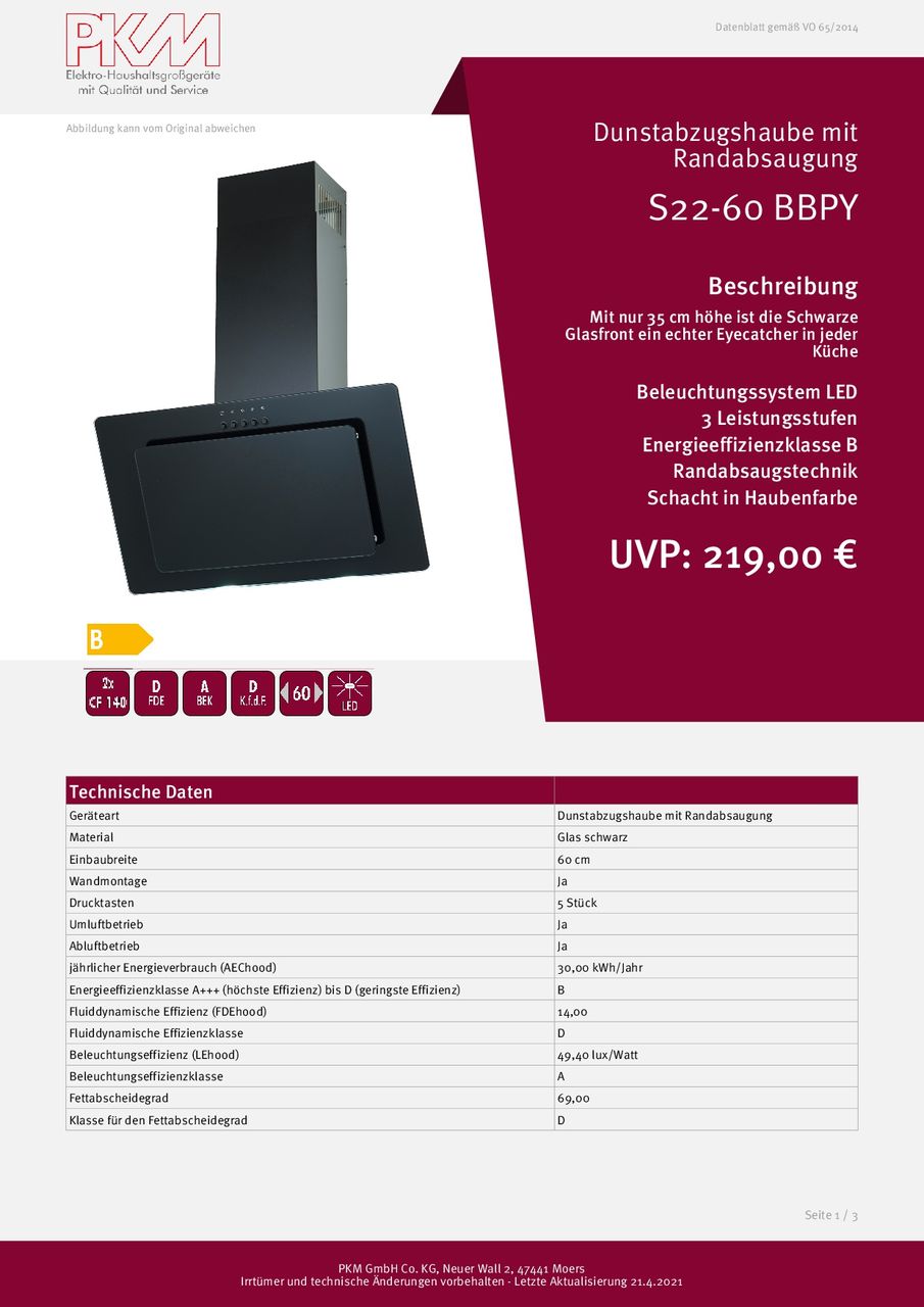 PKM Dunstabzugshaube S22-60 BBPY
