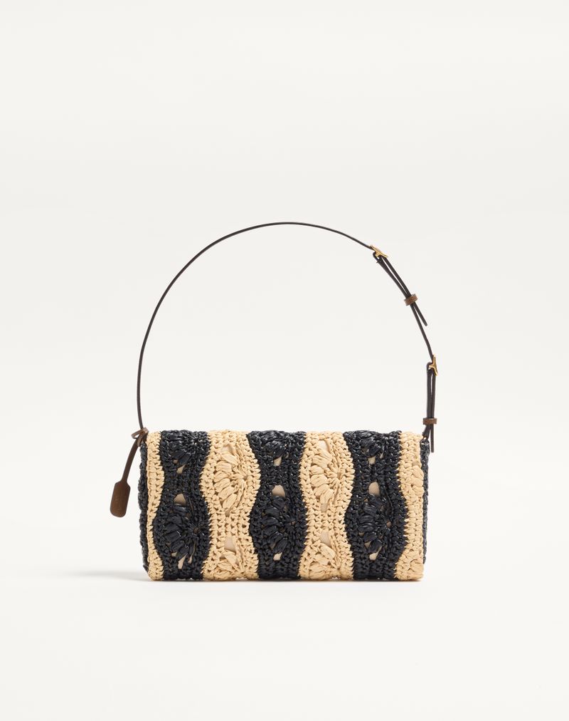 Bolsa de ombro pequena Valentino Garavani Devain em ráfia com motivo de ondas.