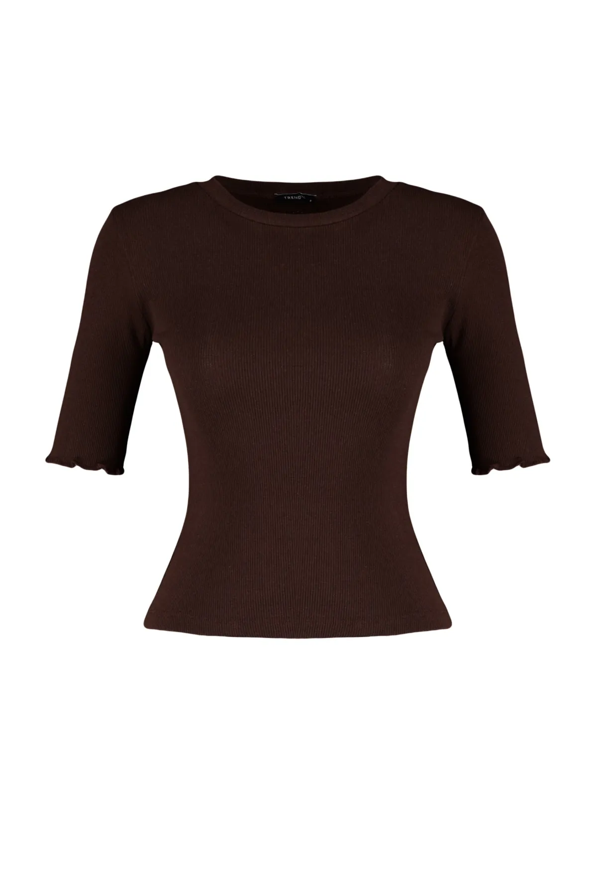 Trendyol Collection  Braune taillierte/taillierte Rundhals-Stretch-Strickbluse mit Kordelzug TWOSS23BZ00025