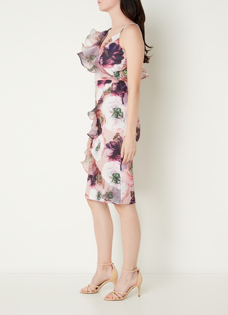 Rochie mini asimetrică de la Chi Chi London, cu imprimeu floral și volane.