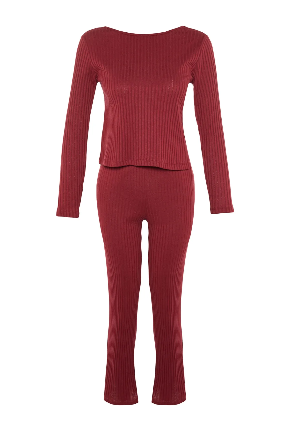 Trendyol Collection  Burgunderfarbenes gestricktes Pyjama-Set aus schnurgebundener Baumwolle mit T-Shirt und Hose aus Gummi THMAW21PT0269