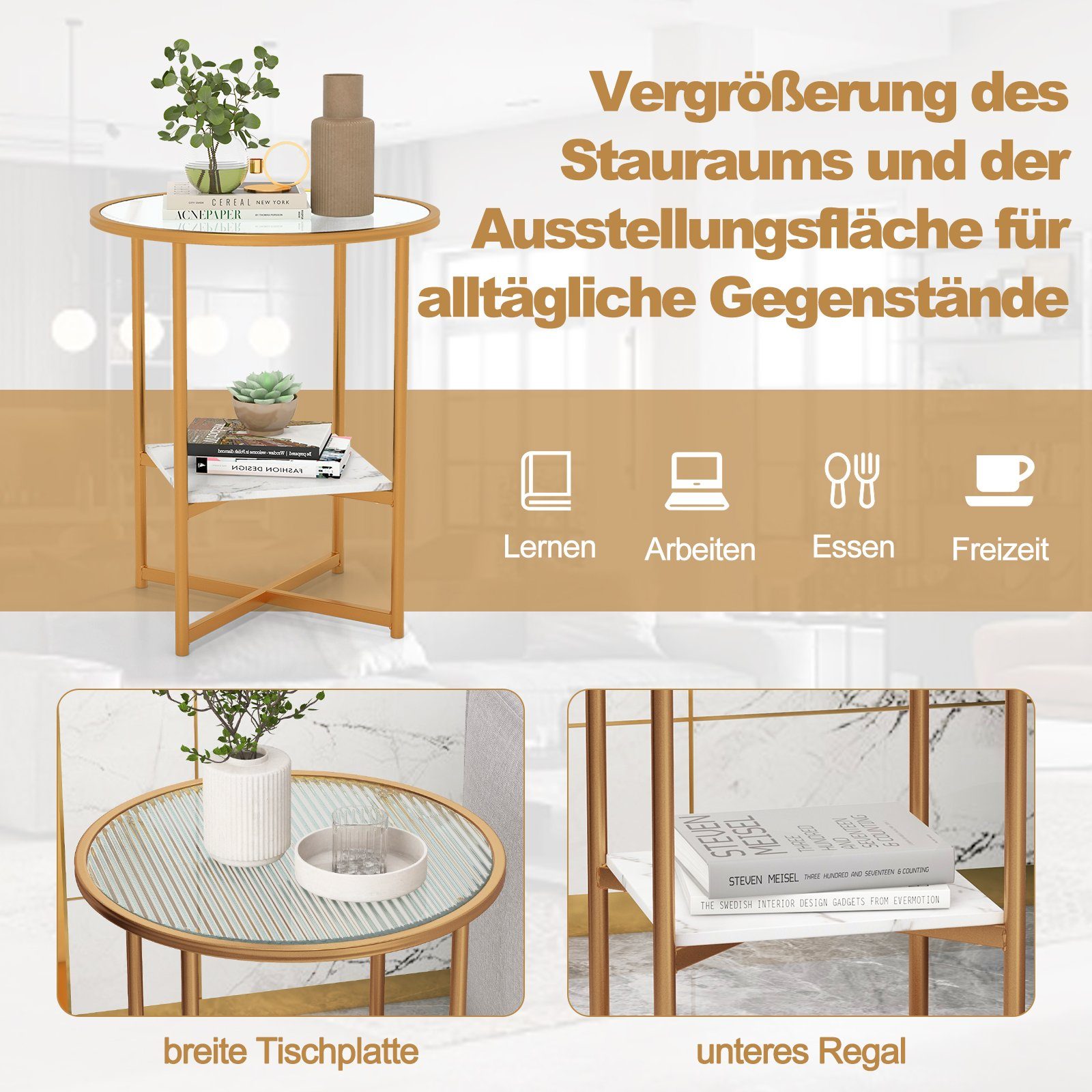 COSTWAY Beistelltisch, rund, mit gehärtetem Glas & Ablage aus Marmor, gold