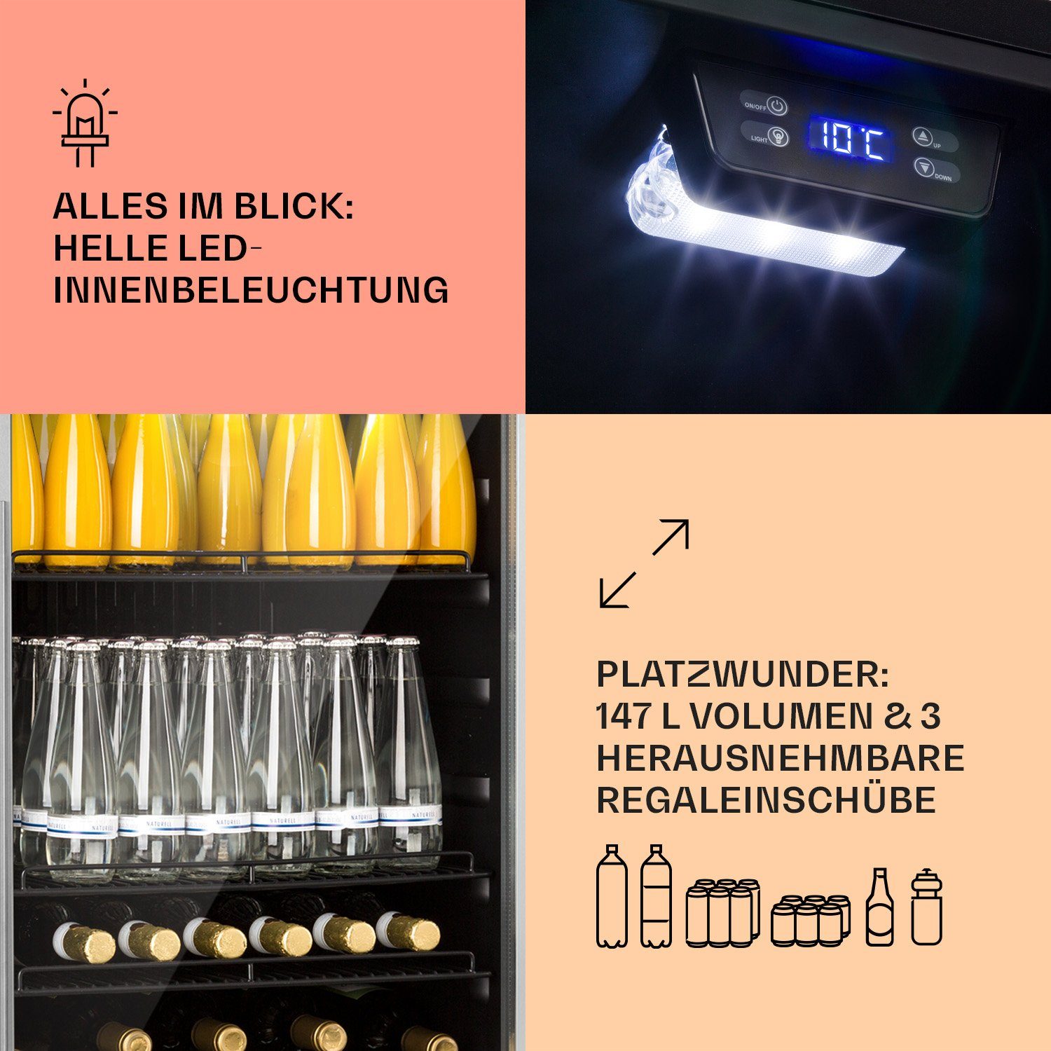 Klarstein Getränkekühlschrank HEA8-Beersafe-148 10033435A, 84 cm hoch, 55 cm breit, Bierkühlschrank Getränkekühlschrank Flaschenkühlschrank mit Glastür