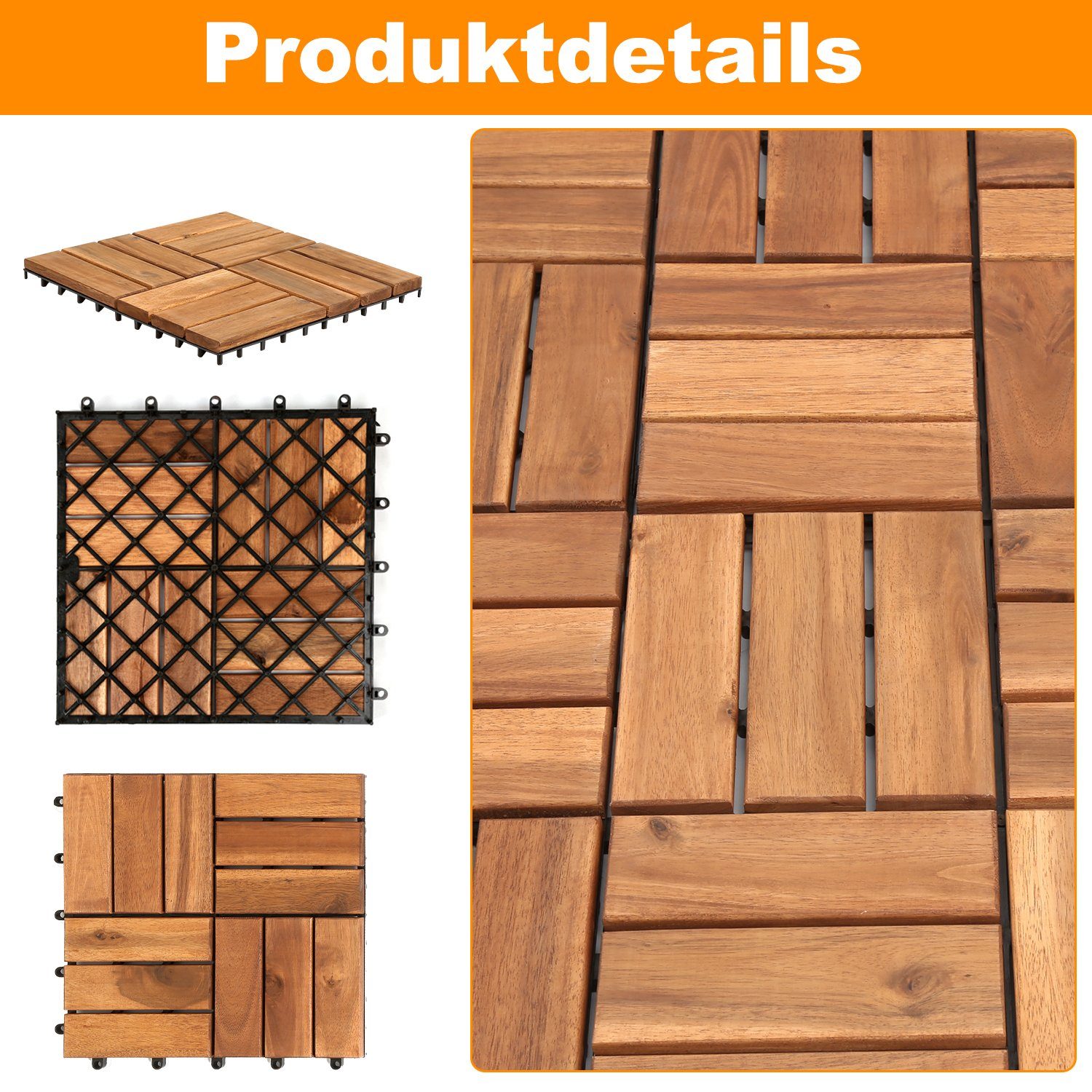 Gimisgu Holzfliesen 11x Terrassenfliese Garten Akazie Bodenfliesen 30x30cm Platten, Holz Bodenfliese