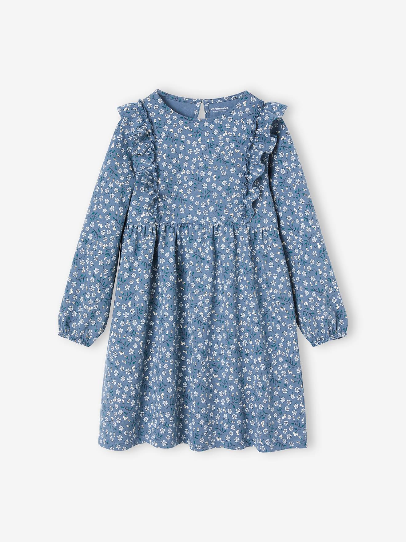 Robe imprimée fleurs fille manches volantées écru