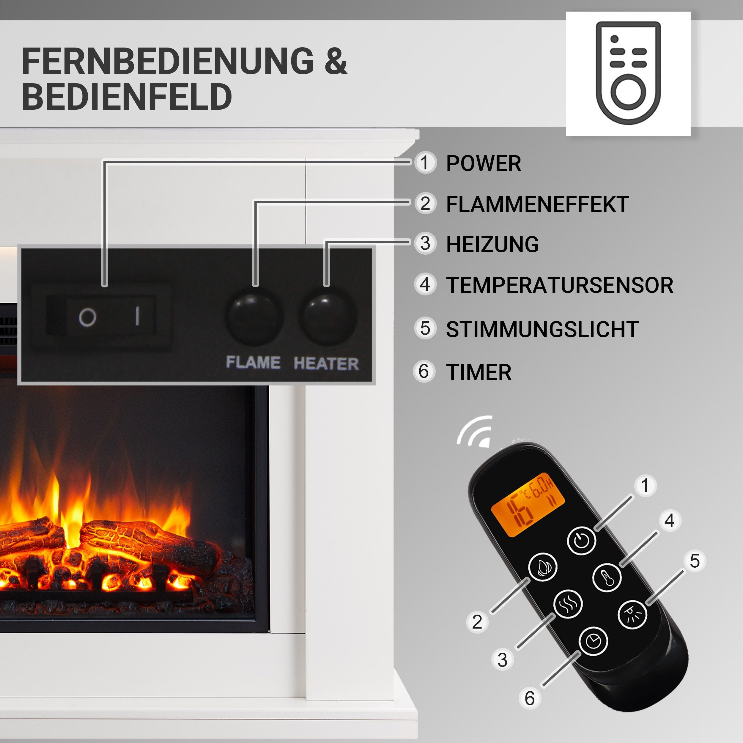 CrownFlame Elektrokamin Hektor, Standkamin mit Heizung 2000W, Heizung, LED-Beleuchtung, 3D-Flammeneffekt & Fernbedienung