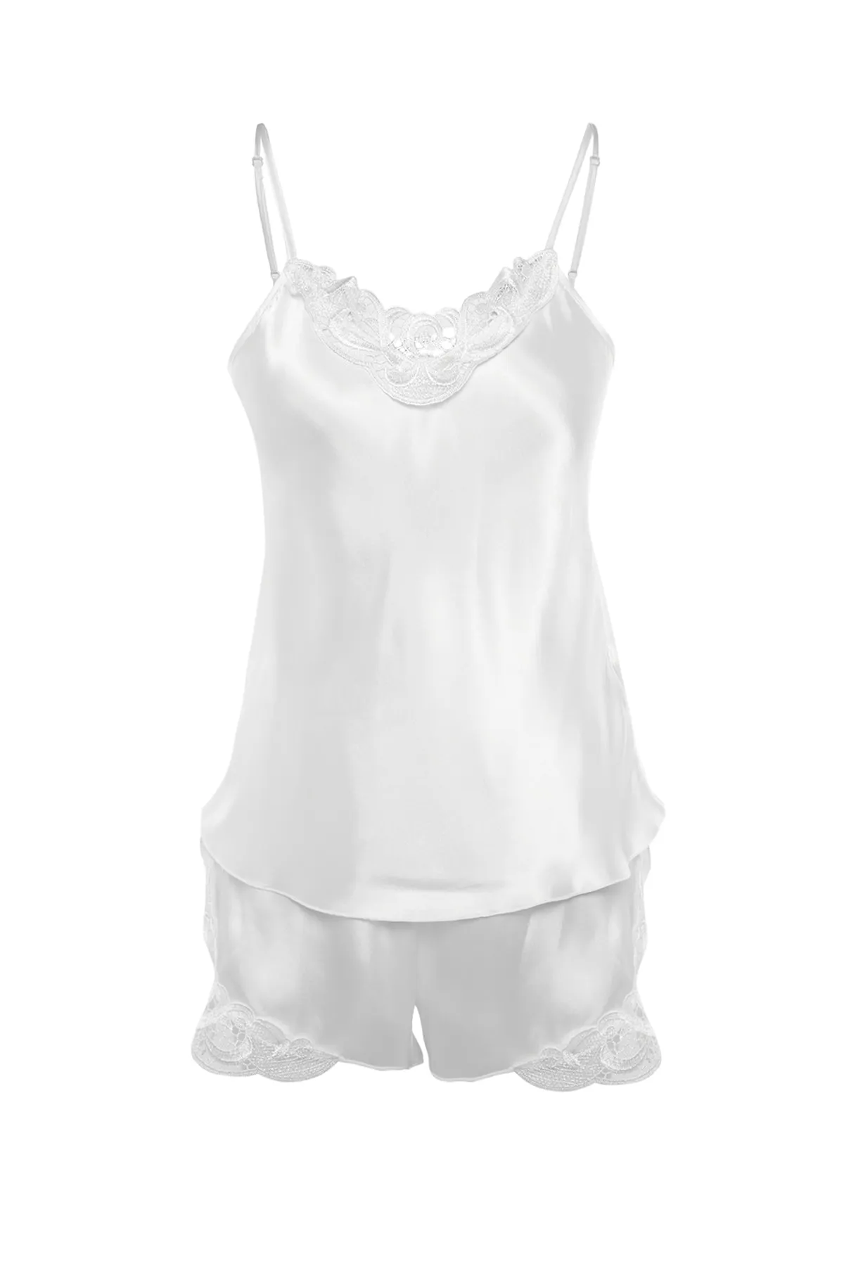 Trendyol Collection  Ecrufarbenes Pyjama-Set aus gewebtem Satin mit Spitzendetails und Seilträgern THMAW21PT0843