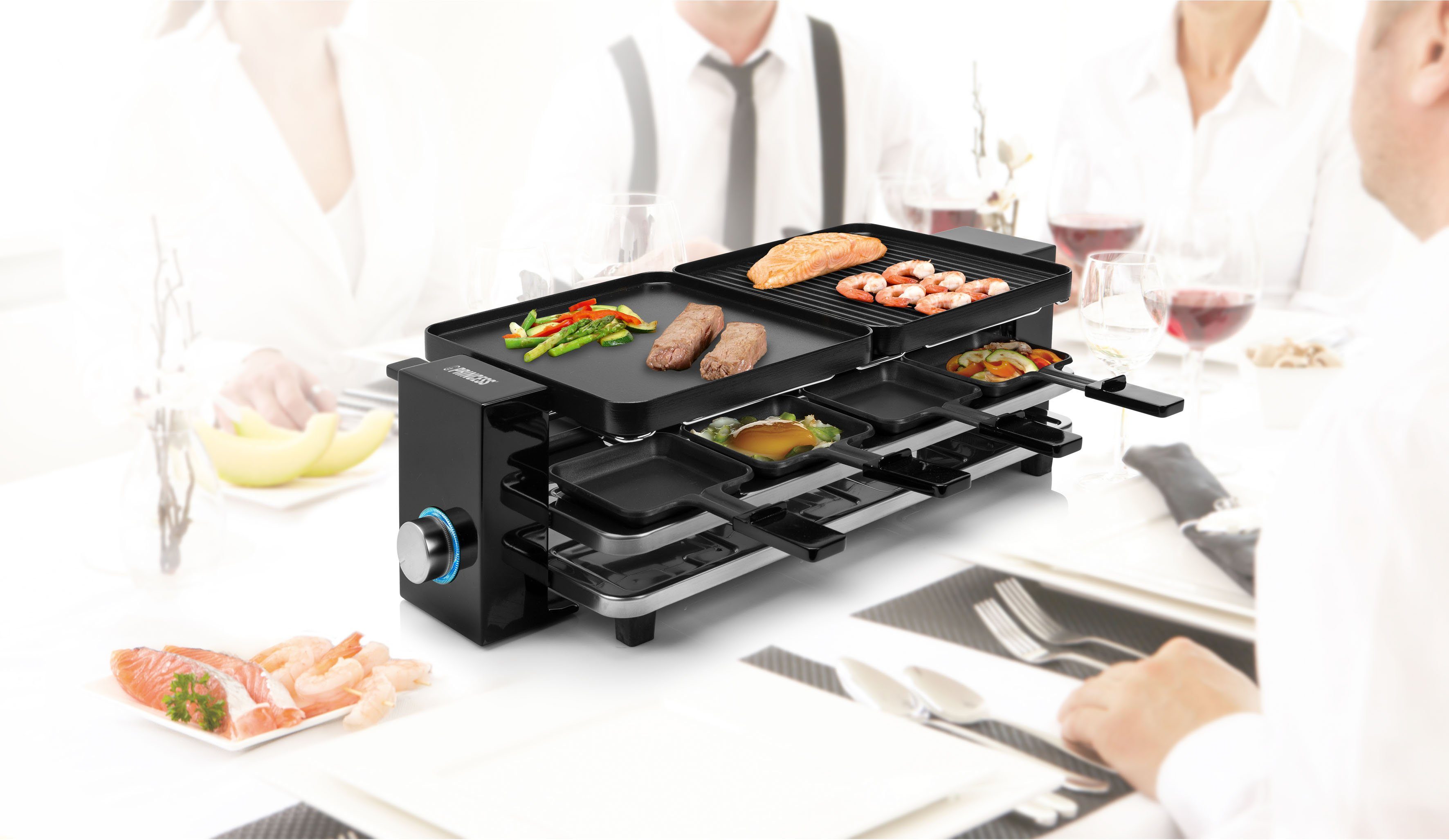 PRINCESS Raclette 162925 8 Piano-Schwarz für 8 Personen, 8 Raclettepfännchen, 1200 W