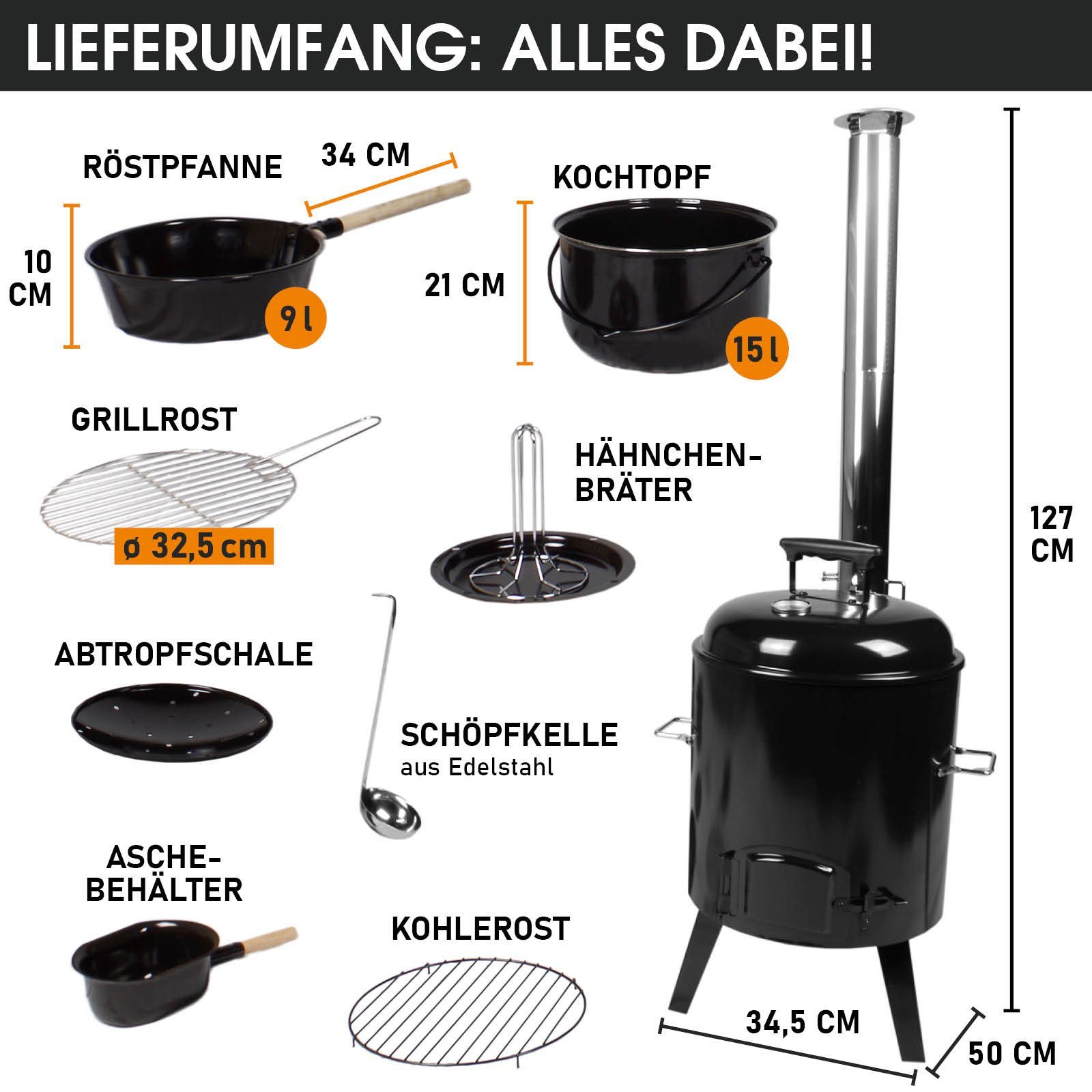 BRAST Kombigrill Eintopfofen mit Grillfunktion Ofen Kugelgrill Barbecue Grill, Outdoor-Küche Gulaschkanone Suppenkessel Hähnchenbräter, Ungarischer Gulaschkessel aus Stahlblech inkl. Zubehör