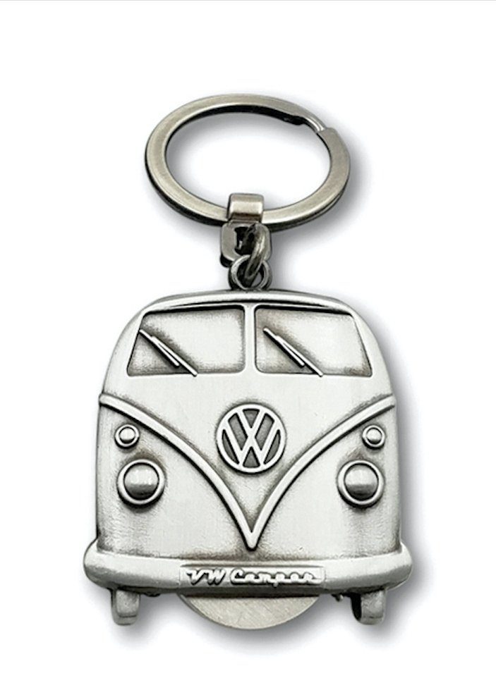 VW Collection by BRISA Schlüsselanhänger Volkswagen Schlüsselring im VW Bulli T1 Design, mit Einkaufswagenchip aus Metall