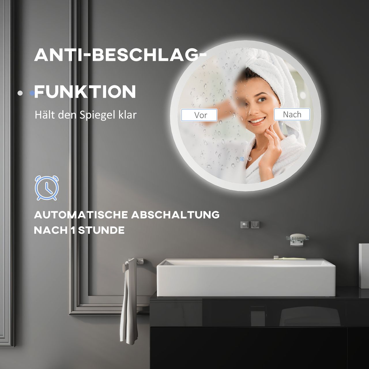kleankin Badspiegel mit Beleuchtung, Ø70 cm Wandspiegel mit 3 Lichtfarben
