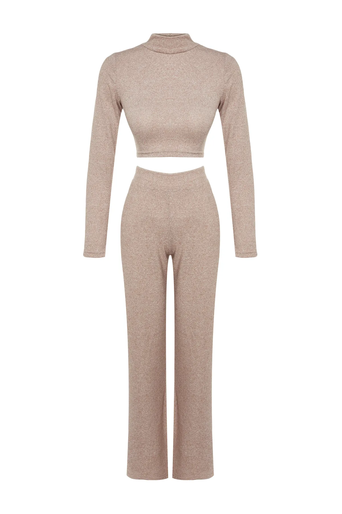 Trendyol Collection  Beiges Set aus weichem Crop-Top und weitem Bein mit Stehkragen und gestricktem Unterteil und Oberteil mit weitem Bein TWOAW24AU00077
