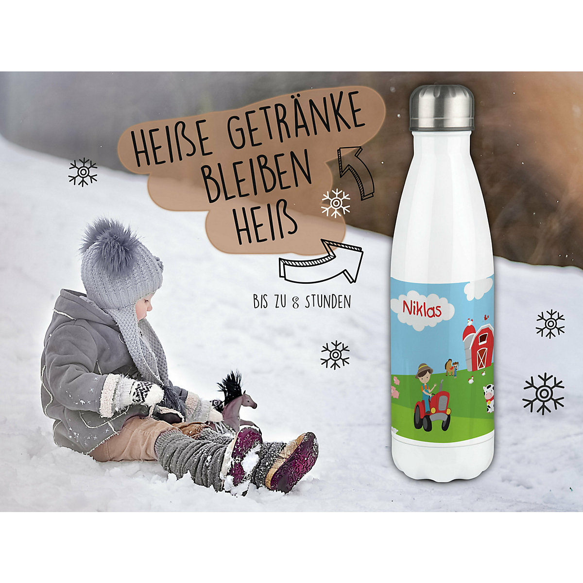 Edelstahl Kinder Thermoflasche / Trinkflasche bunt Bauernhof Spülmaschinenfest, Auslaufsicher, Bruchfest, Doppelwandig, Für Heißgetränke geeignet, Mit Deckel, Isoliert