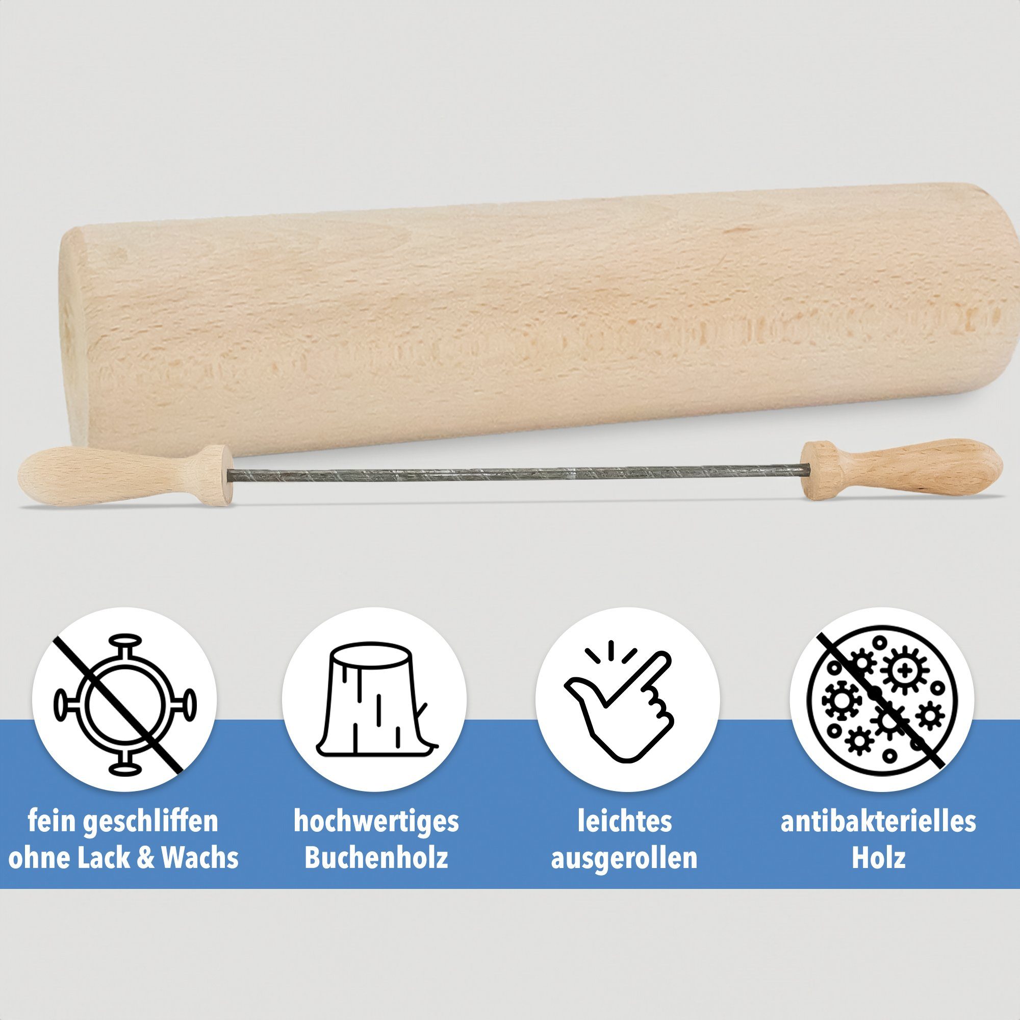 SOHFA Nudelholz 43cm stabiler Ausroller für Teig und Fondant Buchenholz, (ein Nudelholz, 1-tlg., 1er Set), hergstellt in Europa