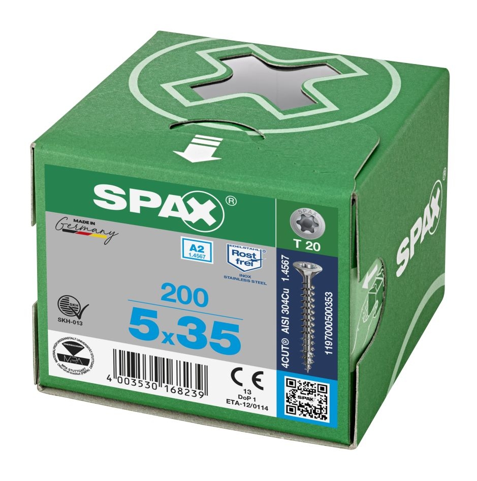 SPAX 1197000500353 Вијак од нерђајућег челика, 5 x 35 мм, пуни навој, упуштена глава, T-STAR плус T20 - 200 комада