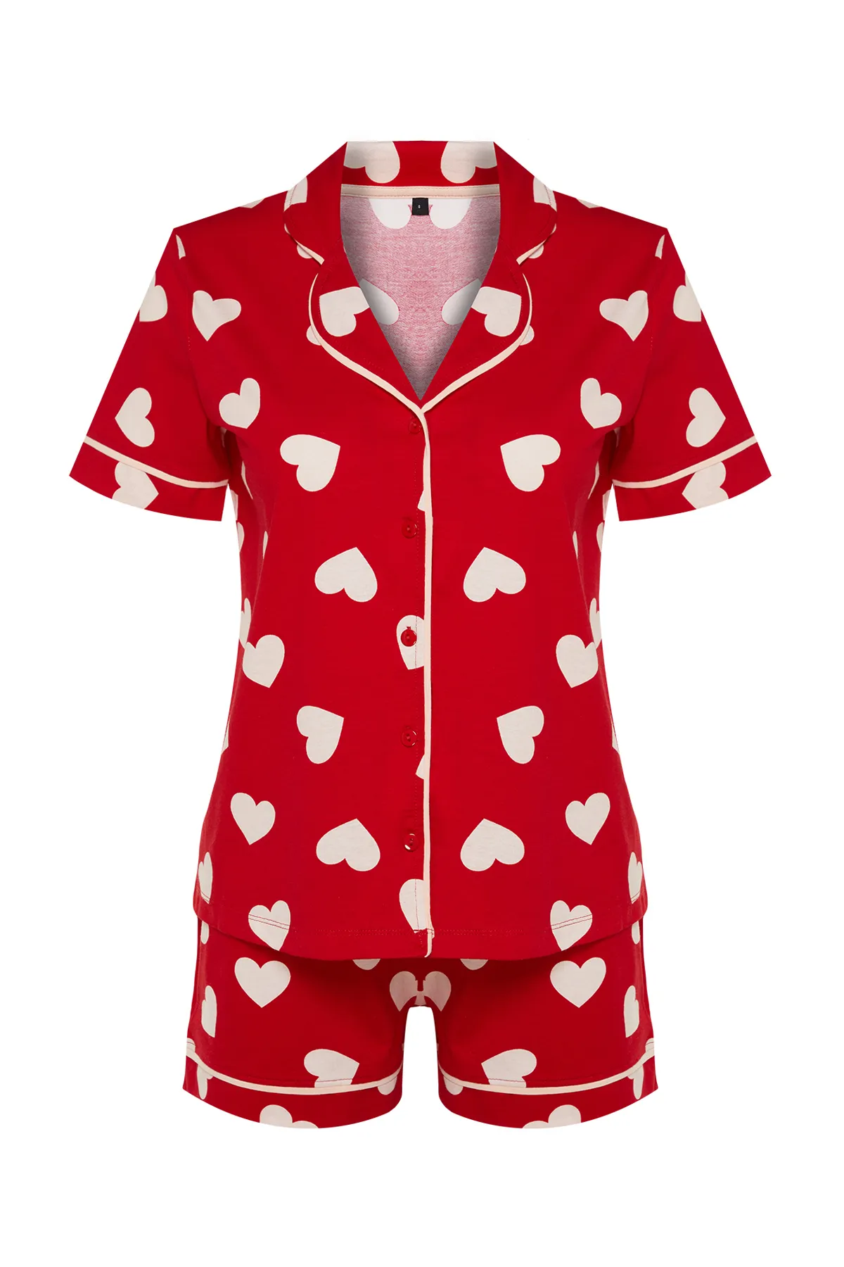 Trendyol Collection  Rotes, gestricktes Pyjama-Set aus 100 % Baumwolle mit herzgemusterten Paspeln und Hemd-Shorts THMSS21PT1200