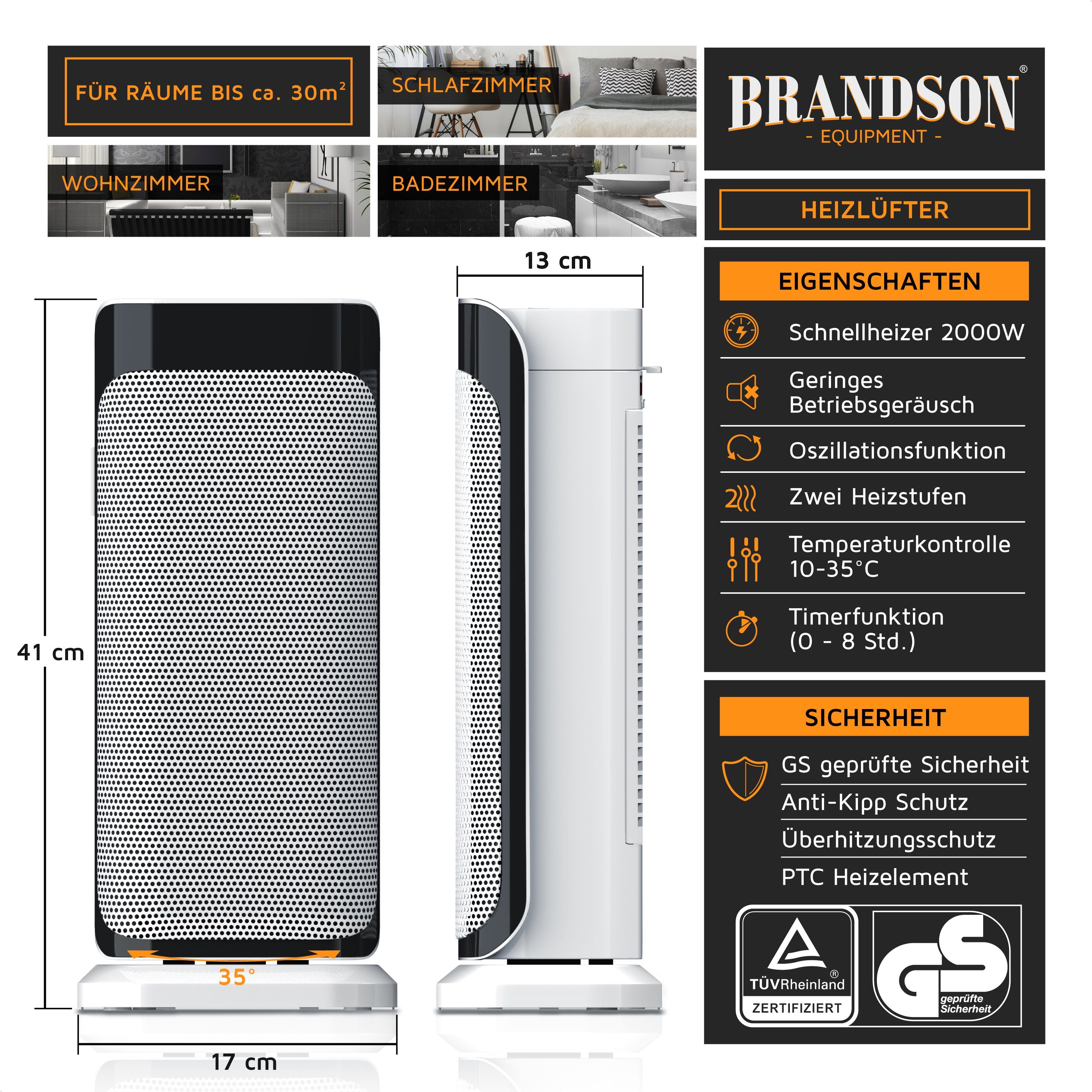 Brandson Heizlüfter, 2000 W, Fernbedienung, leise, Oszillation, Timer, Badezimmer Keramikheizlüfter