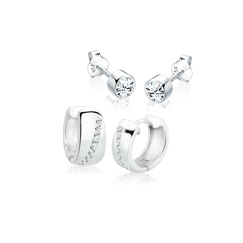 Elli Elli Boucles d'Oreilles Femme Créole et Plug Set Précieux avec Cristaux en Argent Boucles d'oreilles