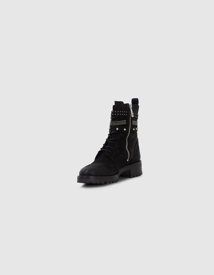 Boots à lacet noirs cuir à brides cloutées Femme