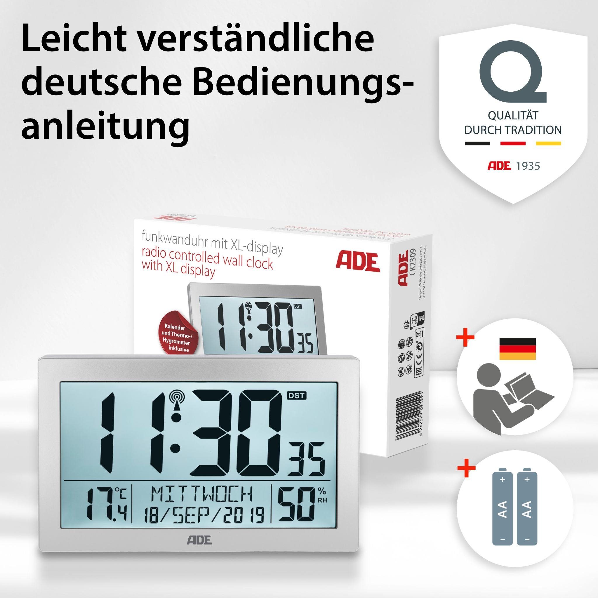 ADE Funktischuhr Digitale extragroße Wand- oder Tischuhr mit Beleuchtung mit Temperaturanzeige und Luftfeuchtigkeit, ideal für Senioren