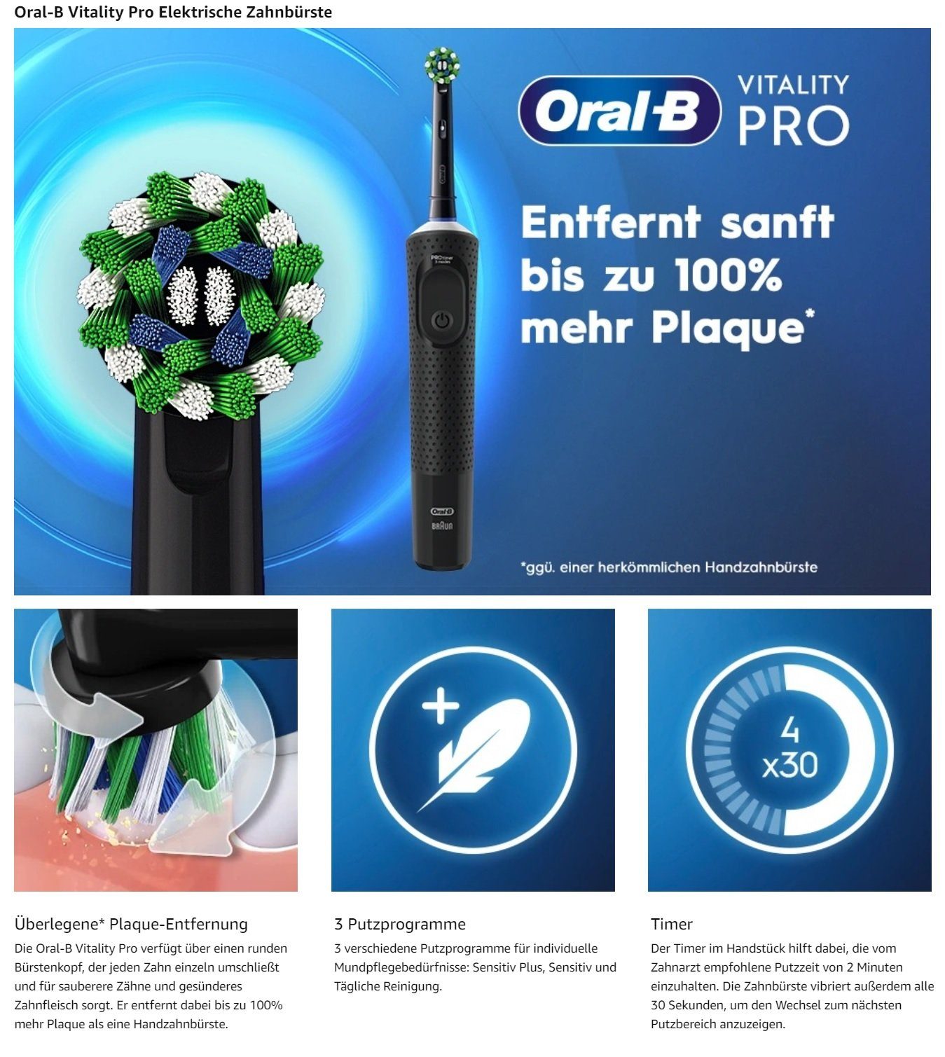Oral-B Elektrische Zahnbürste Oral-B Professional Vitality Pro Elektrische Zahnbürste 3 Putzmodi, Aufsteckbürsten: 2 St., Tiefenreinigung wie beim Zahnarzt, Zahnbürste elektrisch Handzahnbürste Elektrozahnbürste Toothbrush