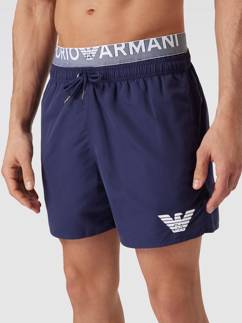 Badehose mit elastischem Logo-Bund Modell 'Double' in dunkelblau