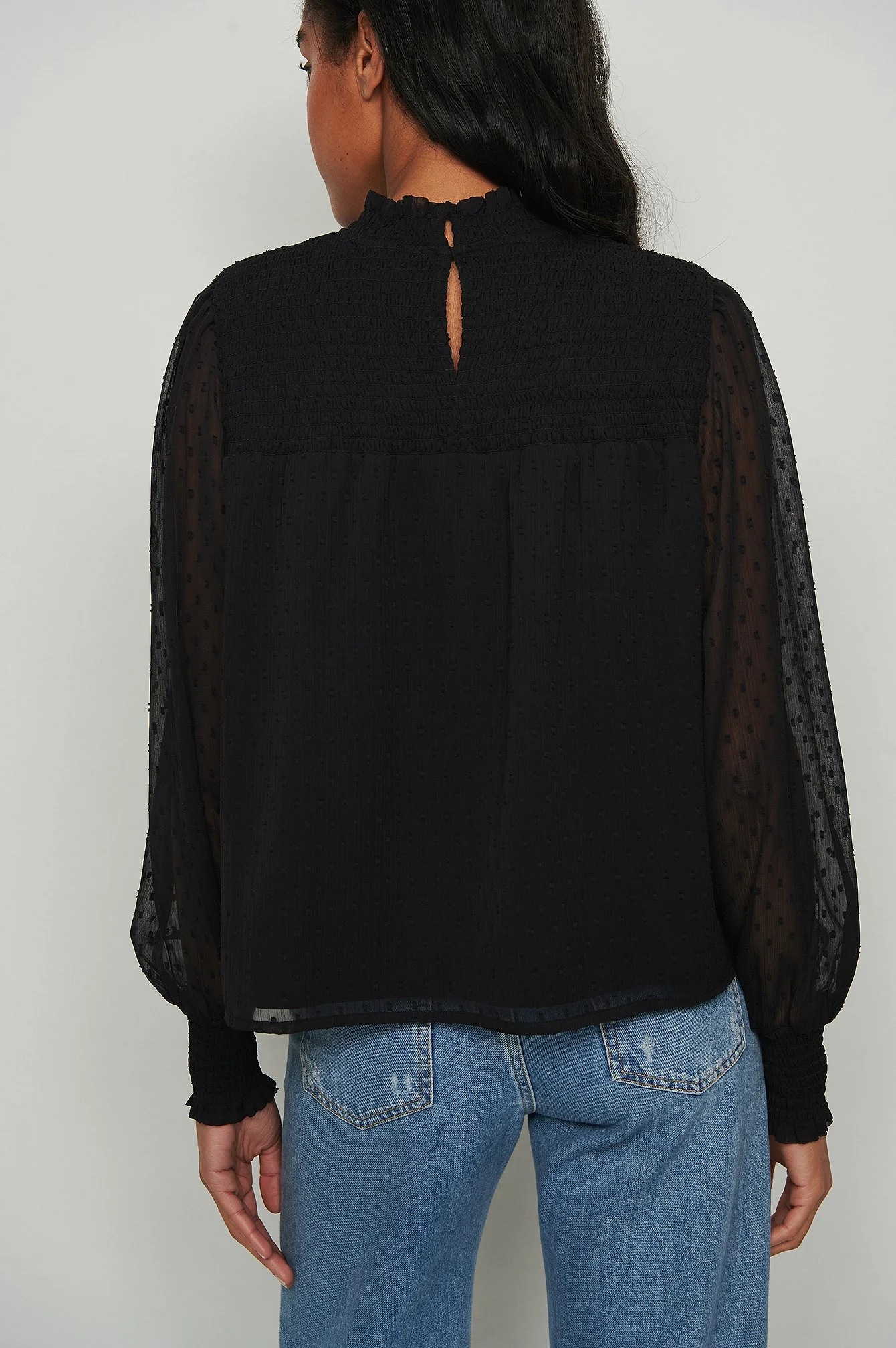 Recycelte ratière Smocked Rüschenausschnitt Bluse