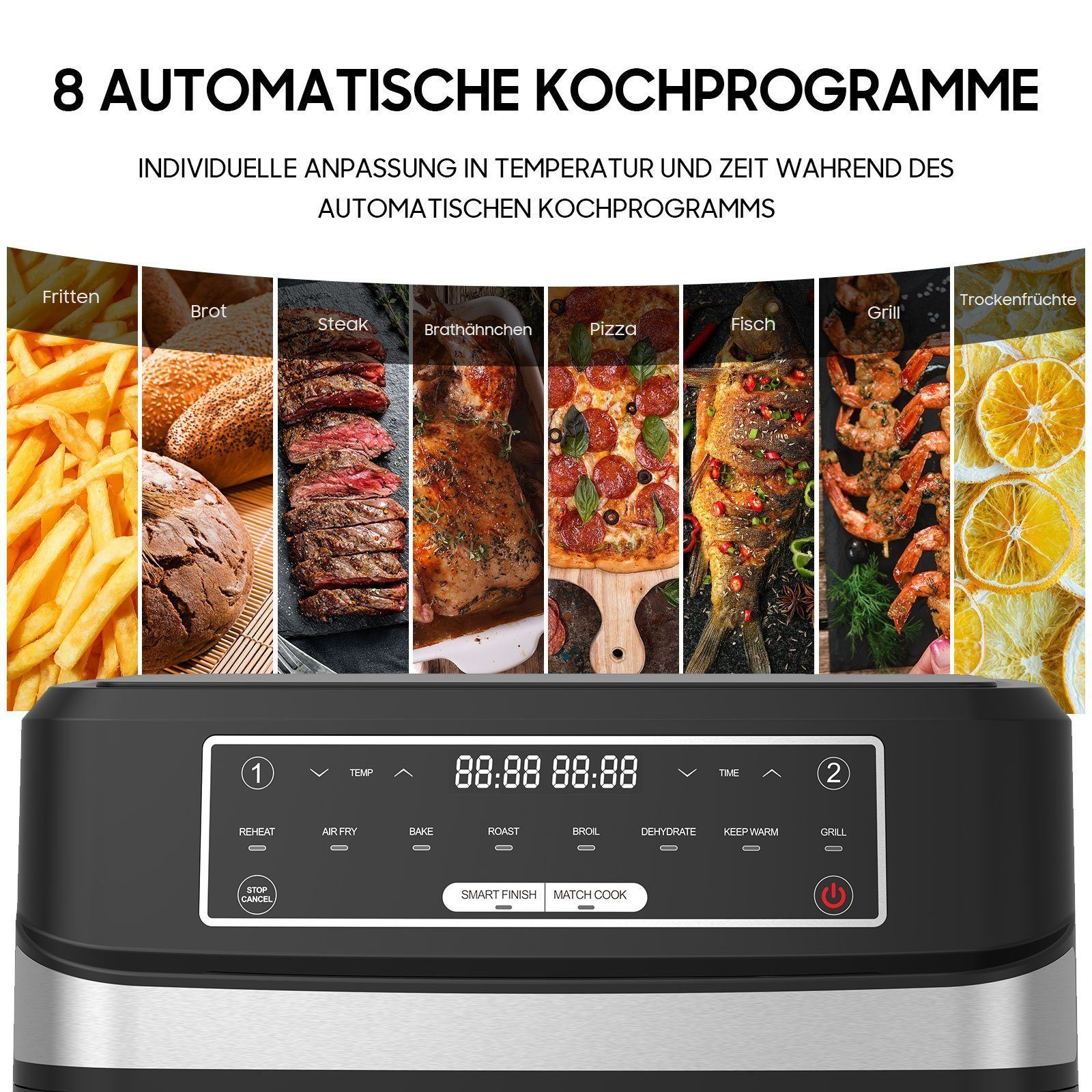 Senmudi Heißluftfritteuse 10L Heißluftfritteuse mit Doppelkammer, XXL Airfryer mit 8 Programmen, 2600,00 W, Sync Finish Funktion, ohne Öl, Digitalem LED-Touchscreen