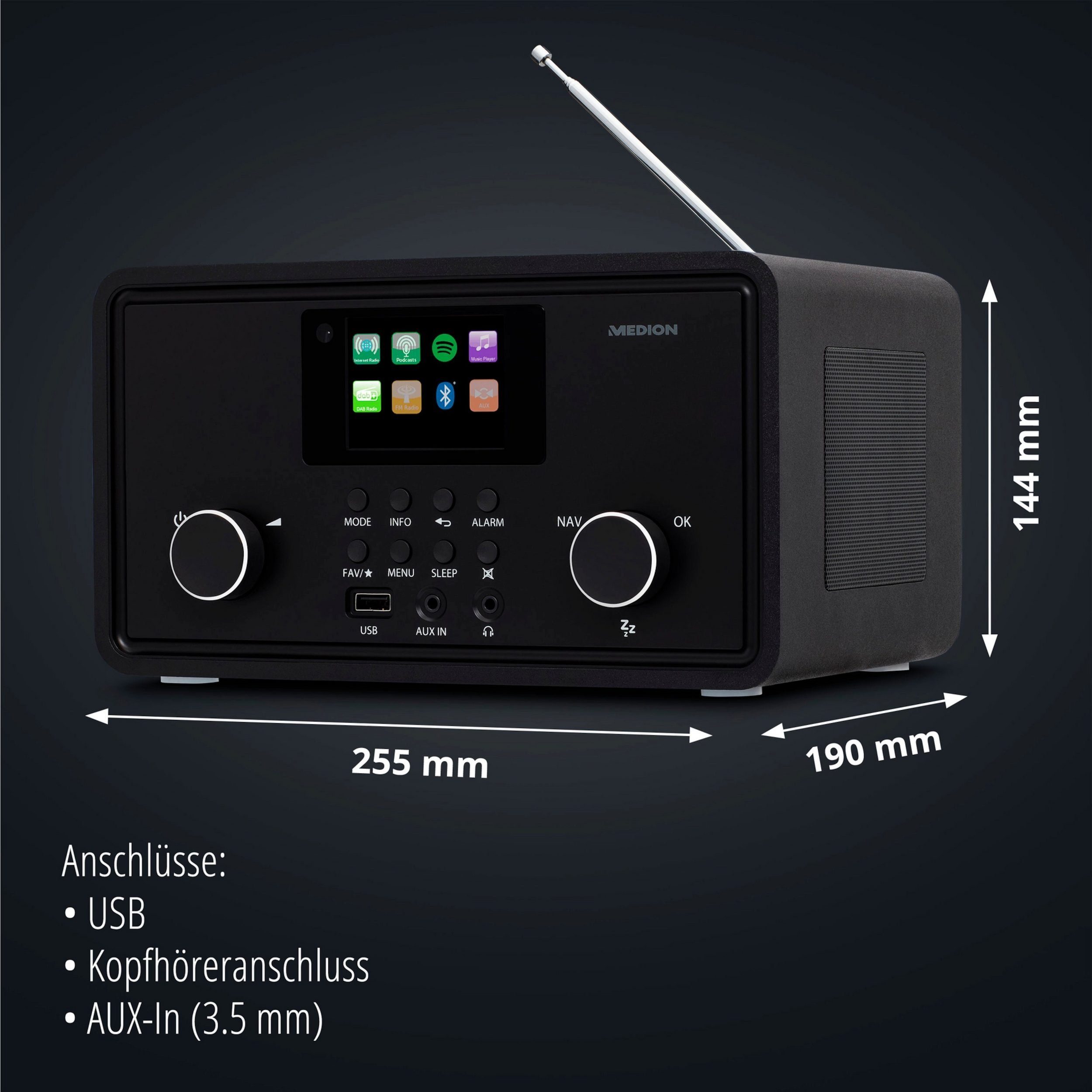 Medion® Medion Internet-Radio (AM/FM, DAB+, MW/UKW, Spotify, 10 W, MD88069) Internet-Radio (10,00 W)