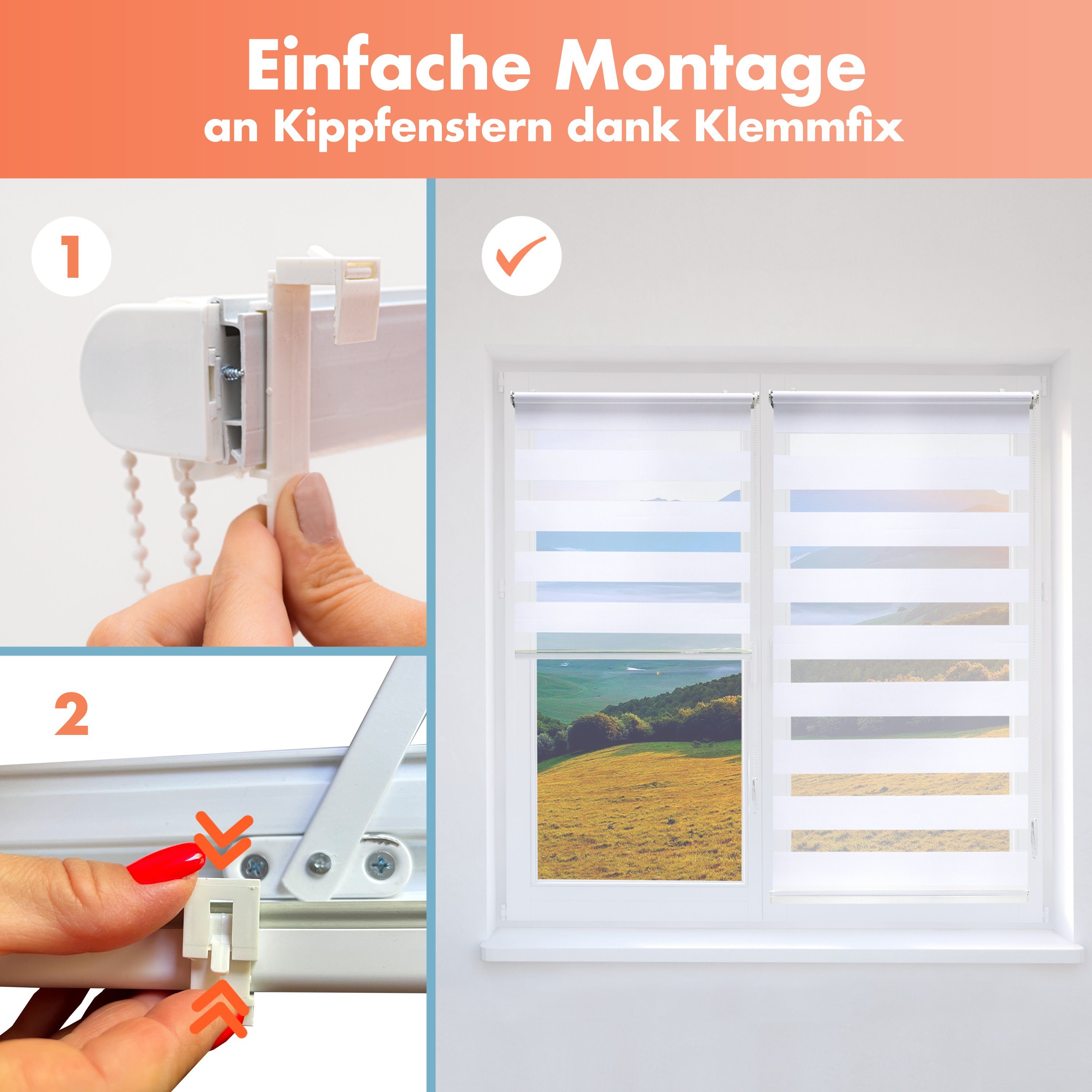 Doppelrollo mit Perlen, Rollos für Fenster ohne Bohren, Weiß, Bailena, Lichtschutz, ohne Bohren, freihängend, Klemmfix, Gardine mit Volant, Seitenzugrollo verdunkelnd