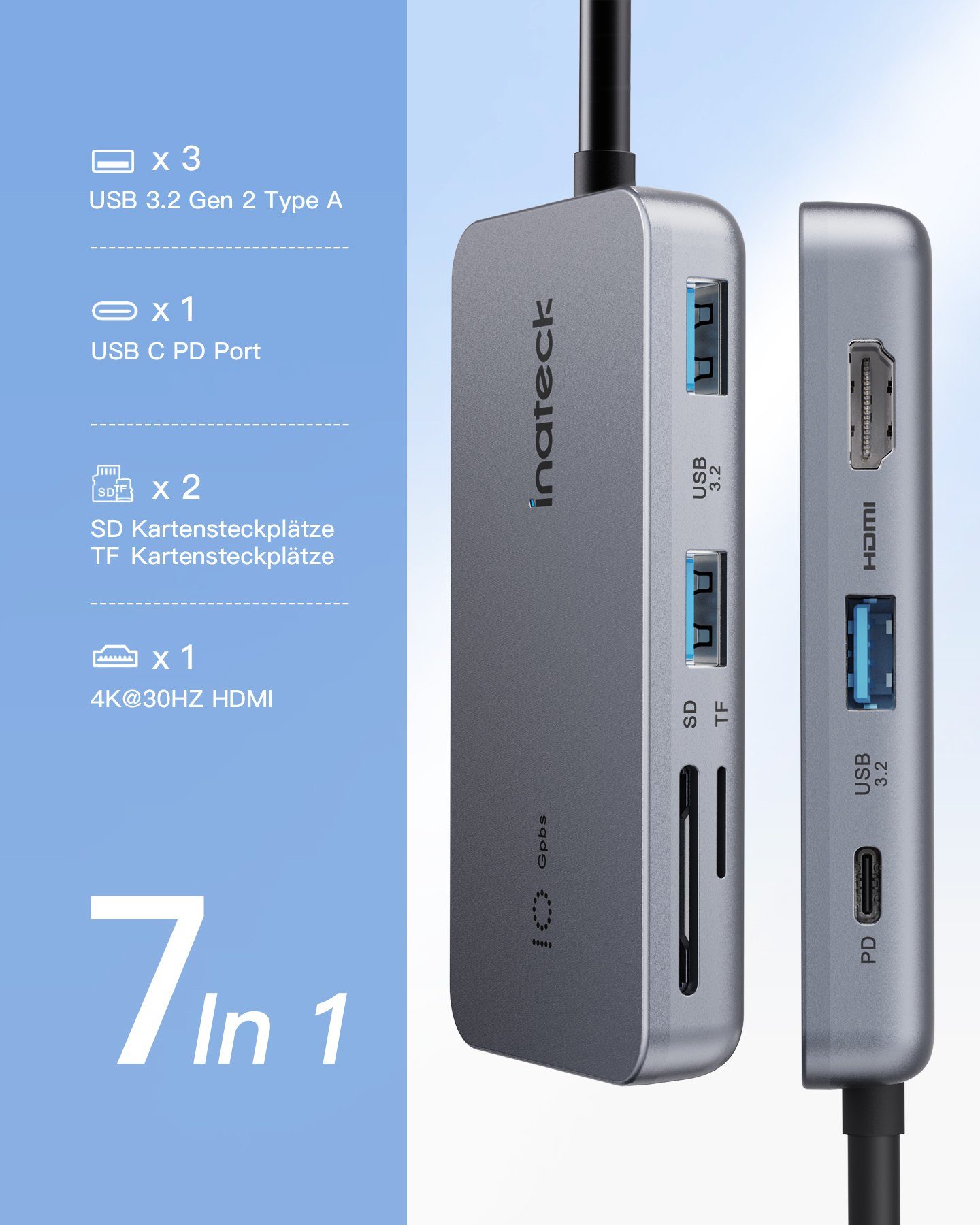 Inateck Laptop-Dockingstation 7 in 1 USB C Hub, 4 K HDMI, USB 3.2 Gen 2