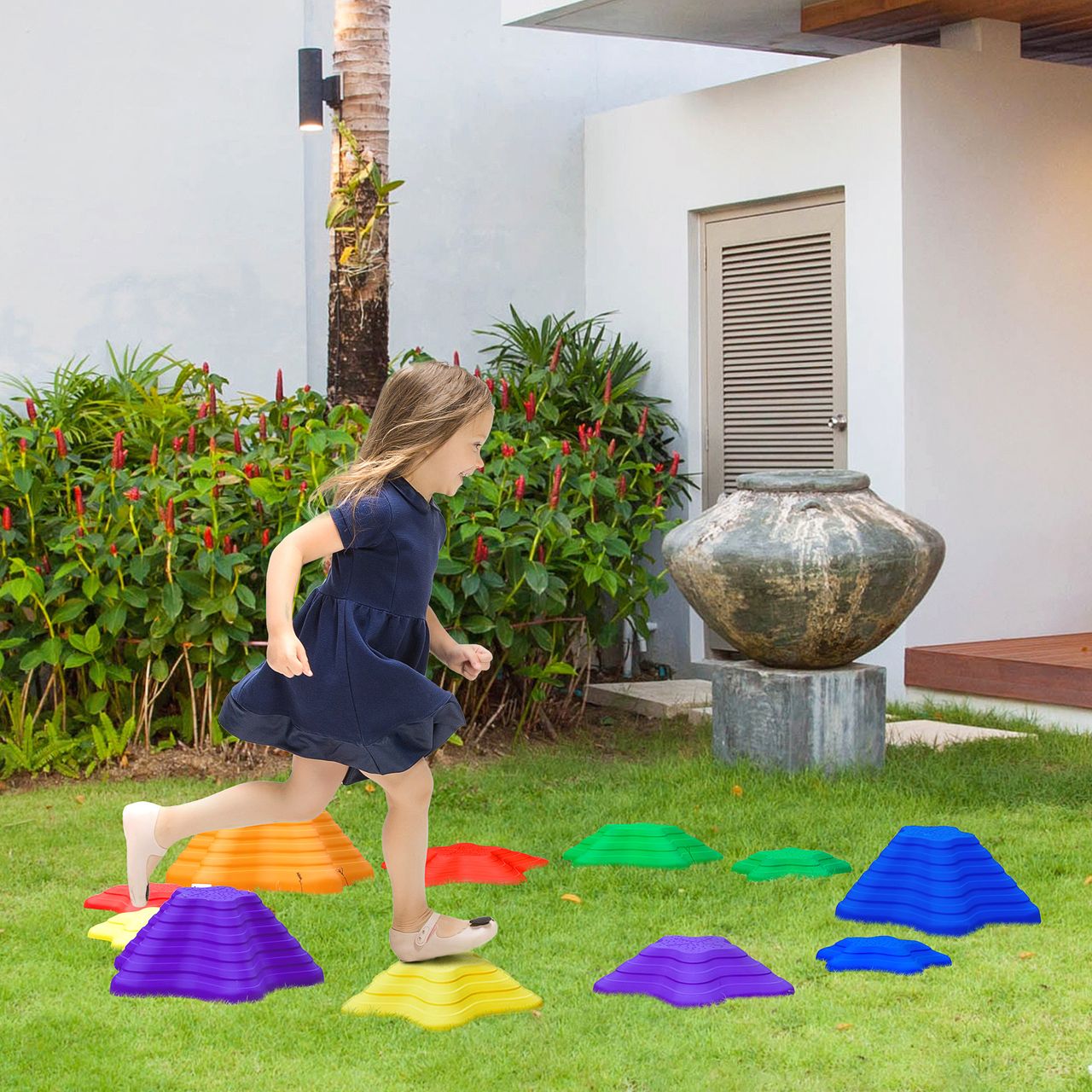 Outsunny Flußsteine 11ER Balance-Steine für Kleinkinder Sprungbrett Trittsteine Balancespiel für Innen- und Außenbereiche belastbar bis 80 kg Rutschfest Stapelbar