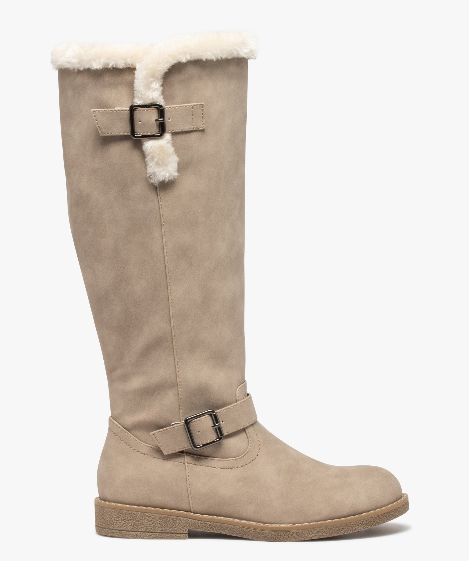 Bottes femme à talon plat dessus uni et col duveteux blanc | GEMO