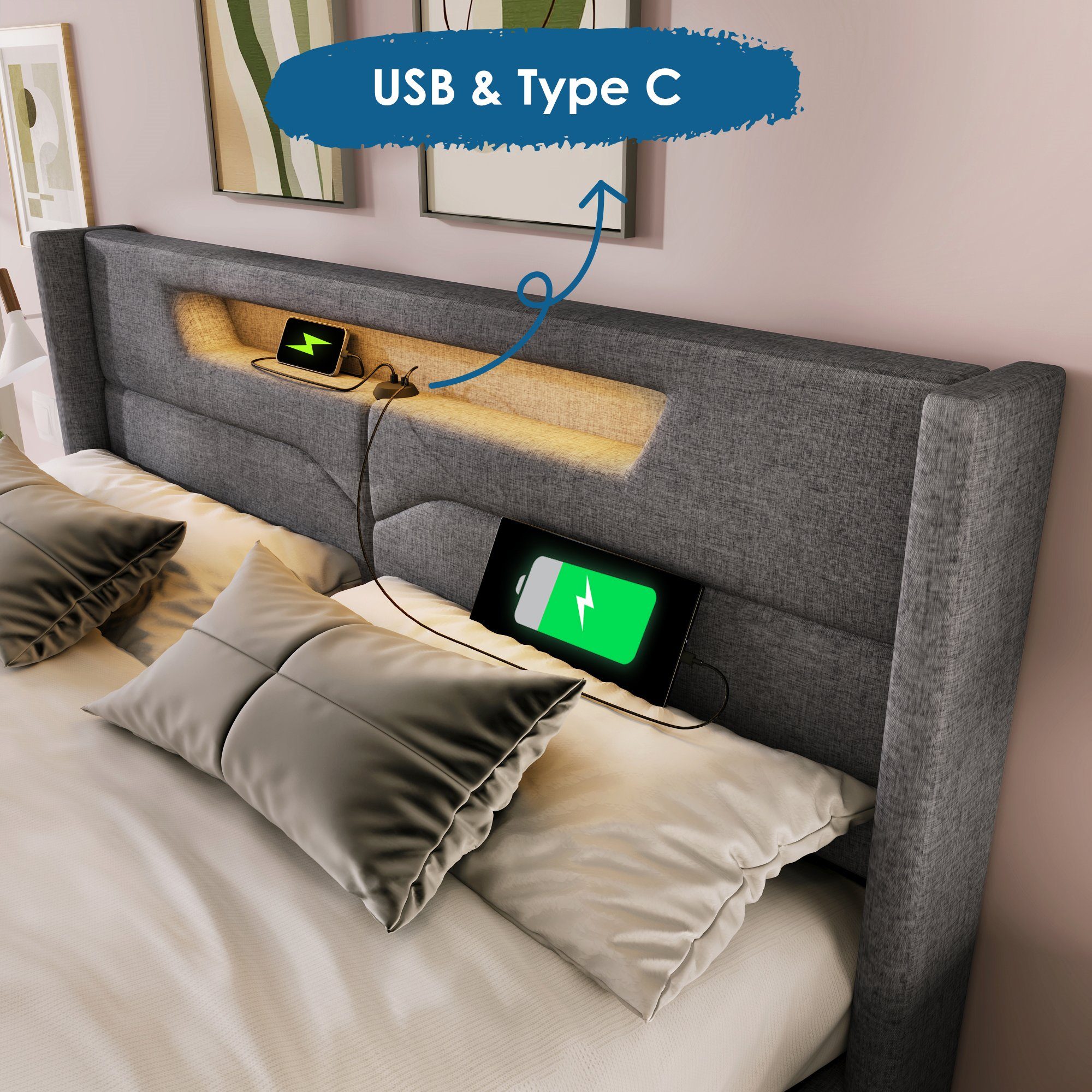 REDOM Polsterbett LED Doppelbett mit USB Typ C Ladefunktion, 140 x 200 cm, ohne-Matratze