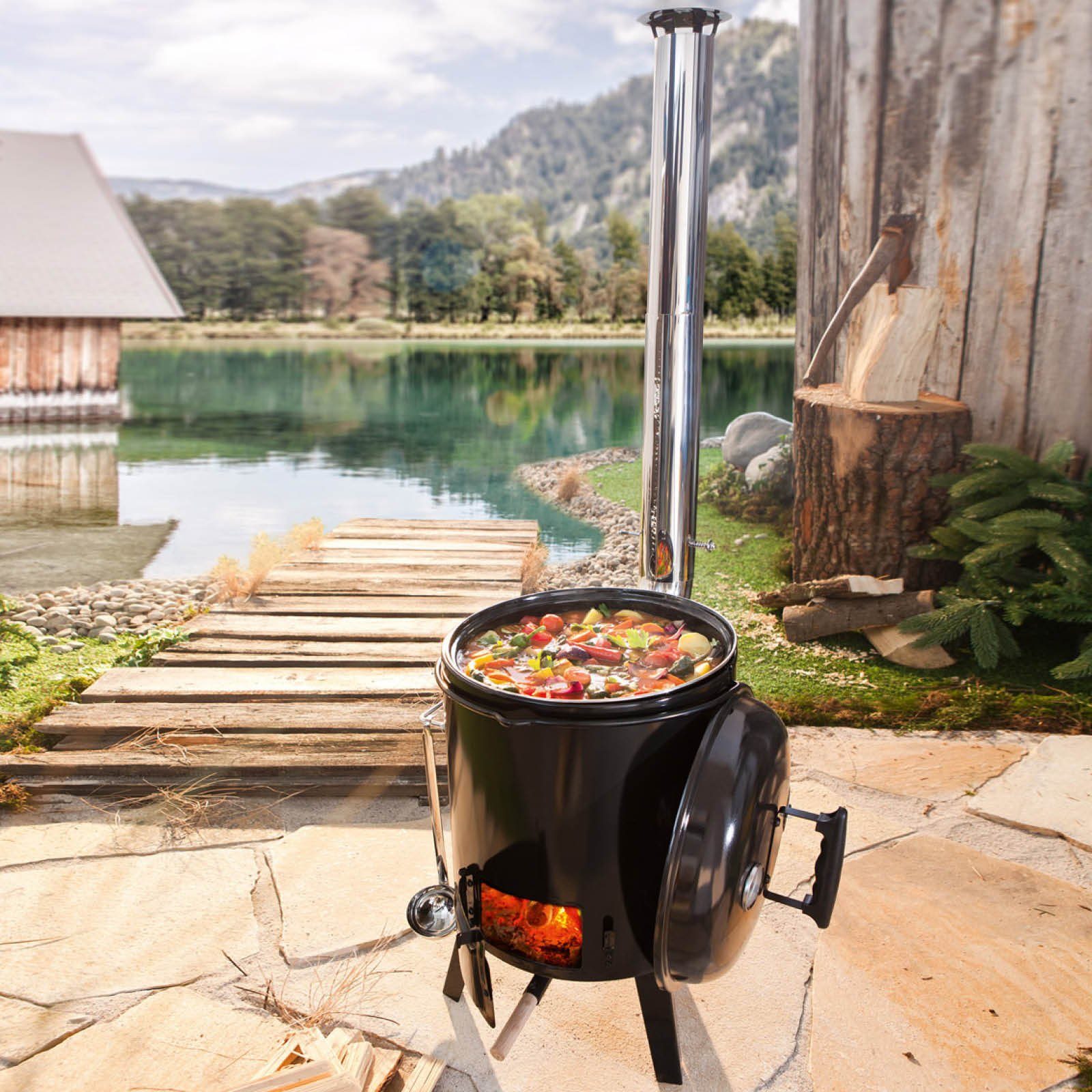 BRAST Kombigrill Eintopfofen mit Grillfunktion Ofen Kugelgrill Barbecue Grill, Outdoor-Küche Gulaschkanone Suppenkessel Hähnchenbräter, Ungarischer Gulaschkessel aus Stahlblech inkl. Zubehör