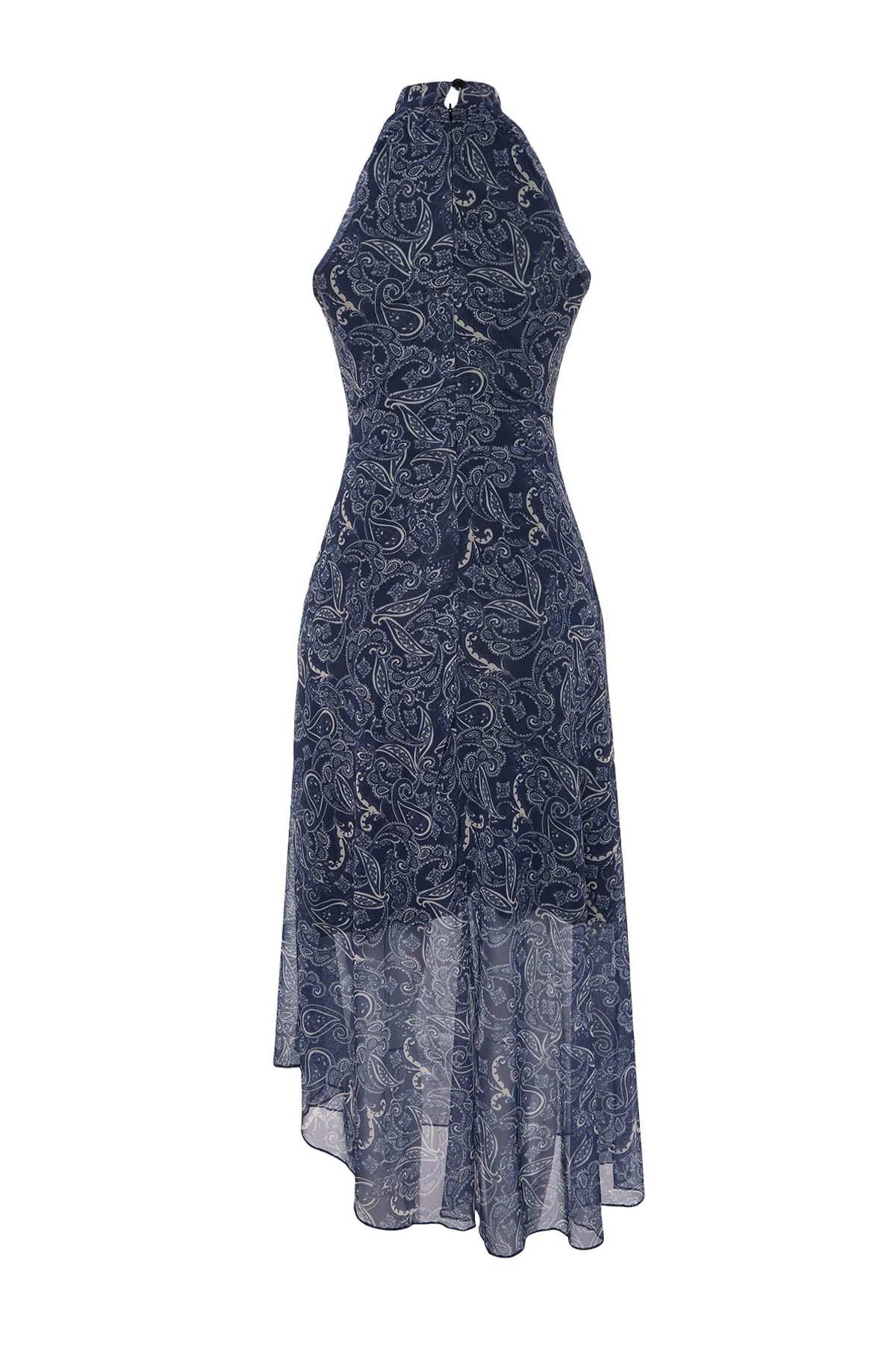 Trendyol Collection  Marineblaues Neckholder-Midikleid aus bedrucktem Tüll TWOSS23EL02214